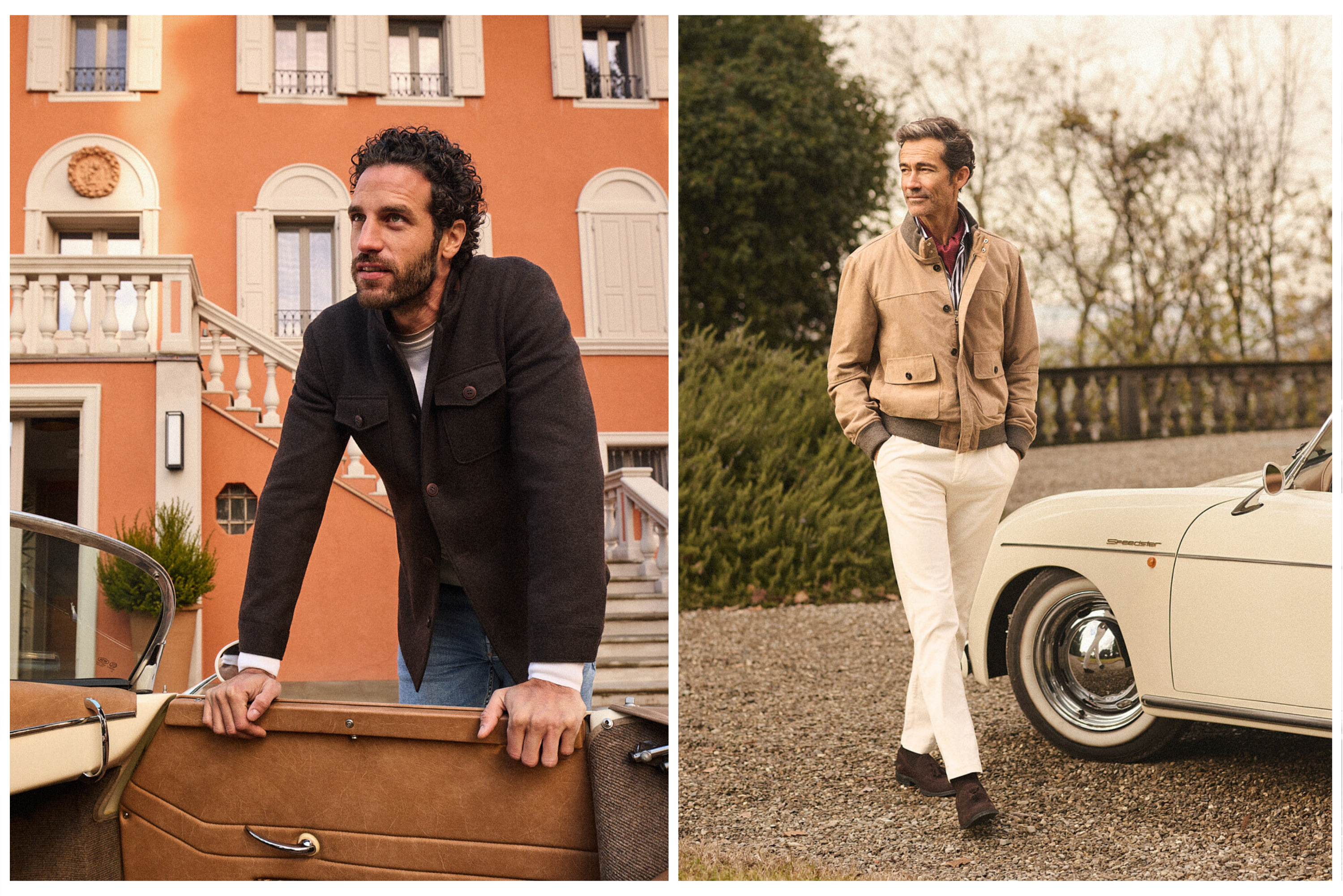 Δύο στιγμές από τη φωτογράφιση Portobello’s Fall–Winter 2026: άνδρας ακουμπά σε αυτοκίνητο κοντά σε βίλα και δεύτερος περπατά δίπλα σε vintage λευκό αυτοκίνητο μέσα στη φύση.