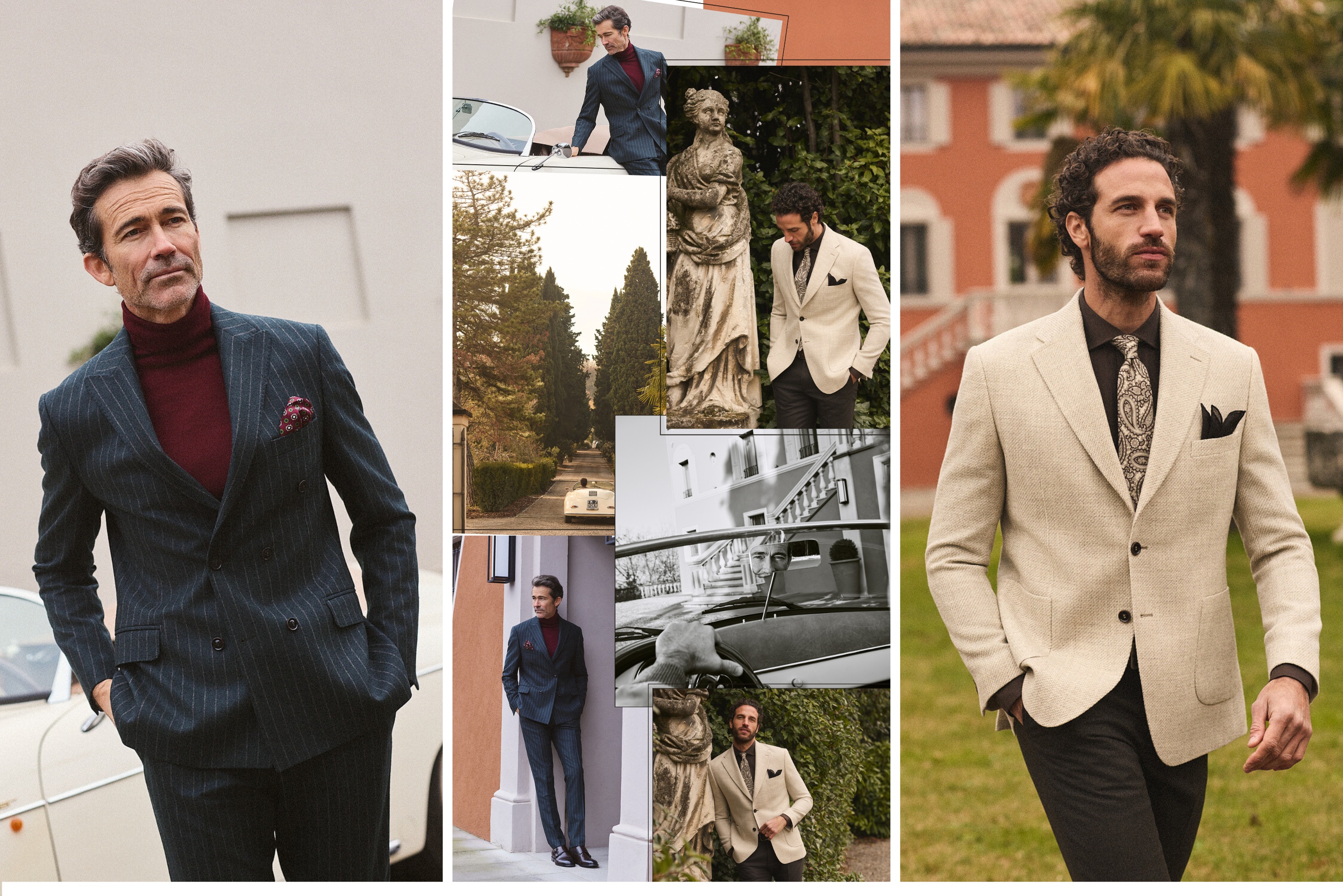 Δύο άνδρες με κοστούμια Portobello’s ποζάρουν δίπλα σε κλασικό αυτοκίνητο και ιστορικό κτίριο, στο πλαίσιο της φωτογράφισης Fall–Winter 2026 στο Roncolo.