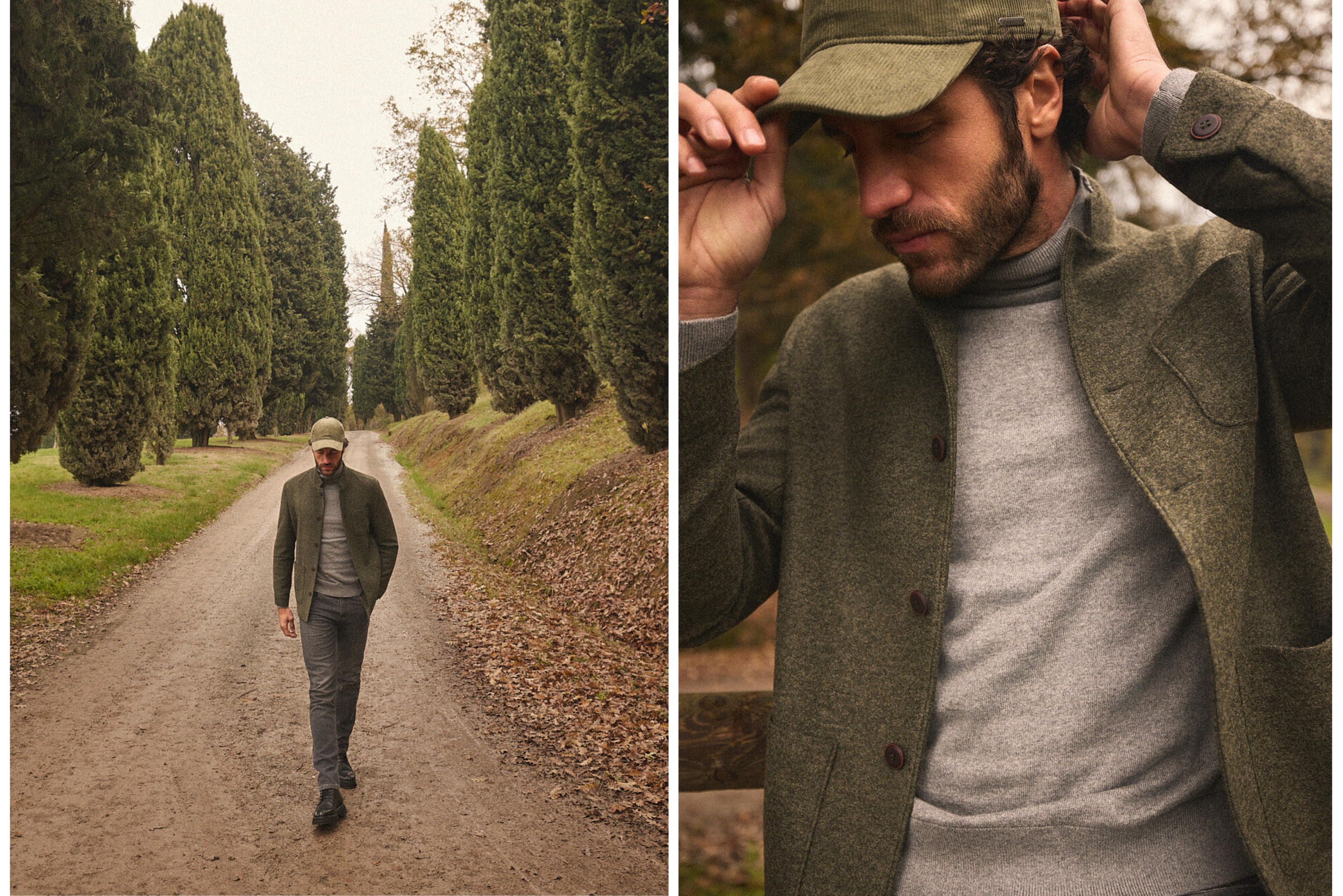 Άνδρας με πράσινο σύνολο Portobello’s περπατά σε δεντρόφυτο μονοπάτι στο Roncolo, ενώ σε κοντινό πλάνο προσαρμόζει το καπέλο του.