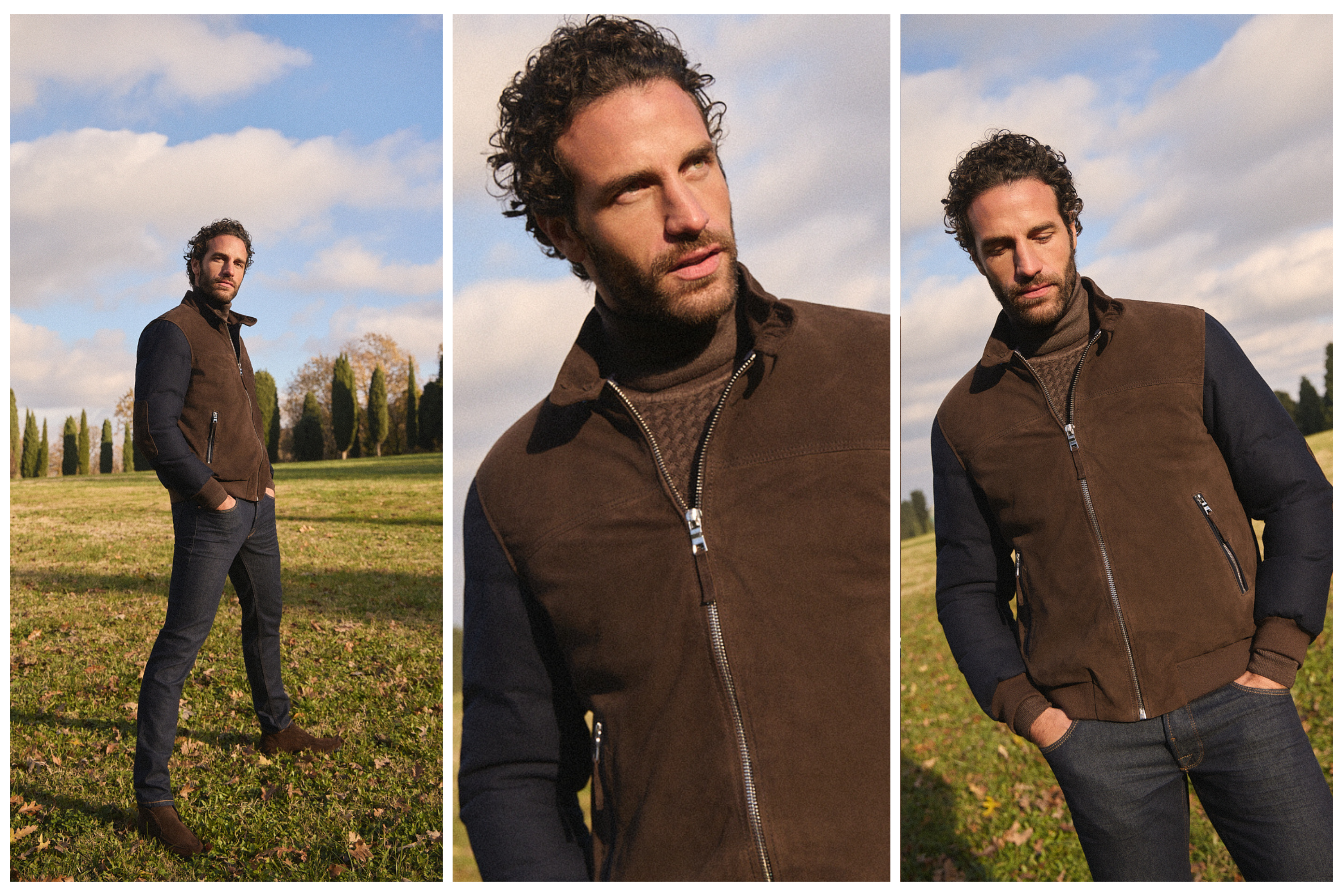 Άνδρας με καφέ jacket και τζιν Portobello’s στέκεται σε ανοιχτό φυσικό τοπίο με δέντρα, στο πλαίσιο της φθινοπωρινής φωτογράφισης κοντά στο Roncolo.