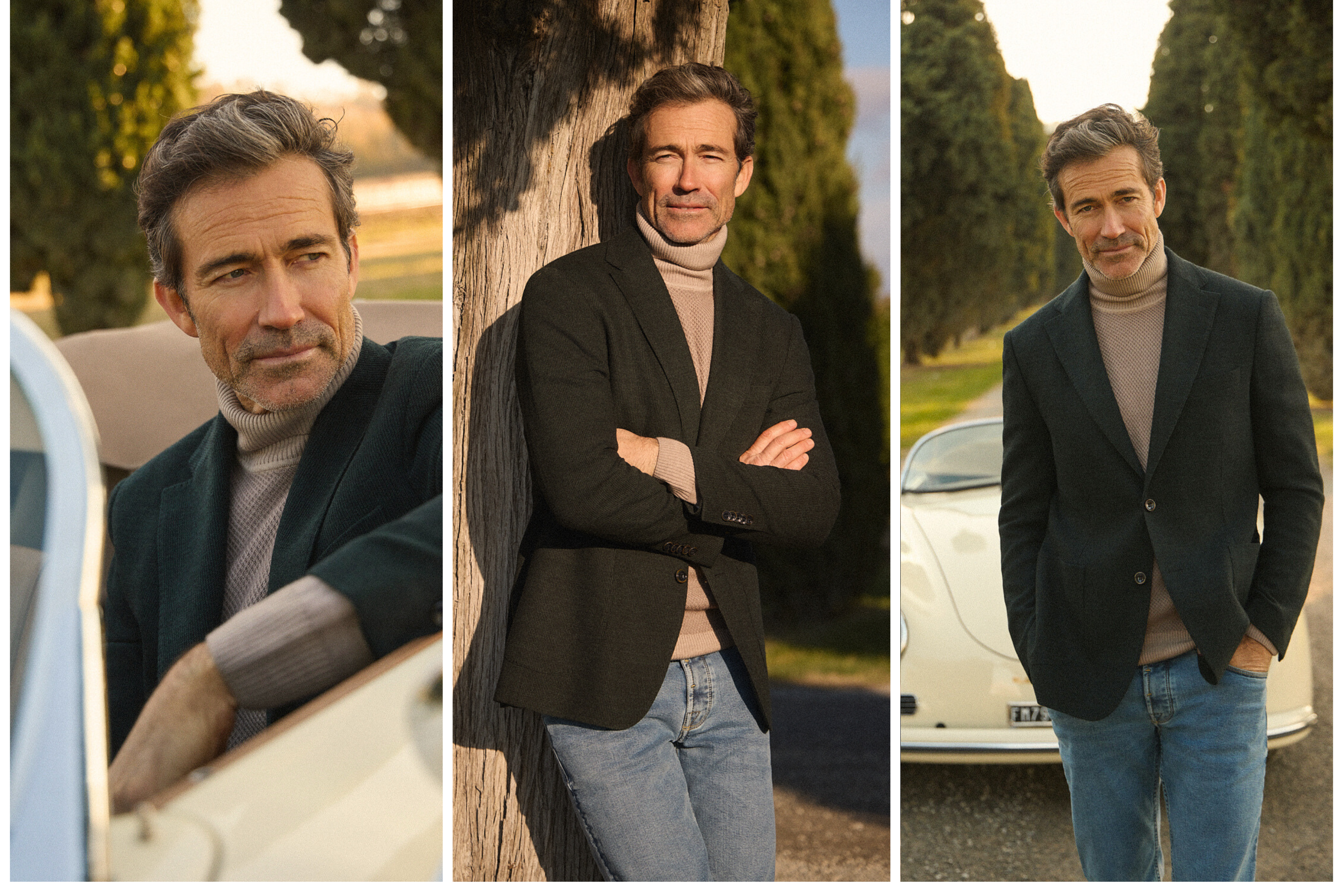 Άνδρας με σκούρο blazer και ζιβάγκο Portobello’s ποζάρει δίπλα σε vintage αυτοκίνητο, σε ηλιόλουστο εξωτερικό χώρο κοντά στο Roncolo.