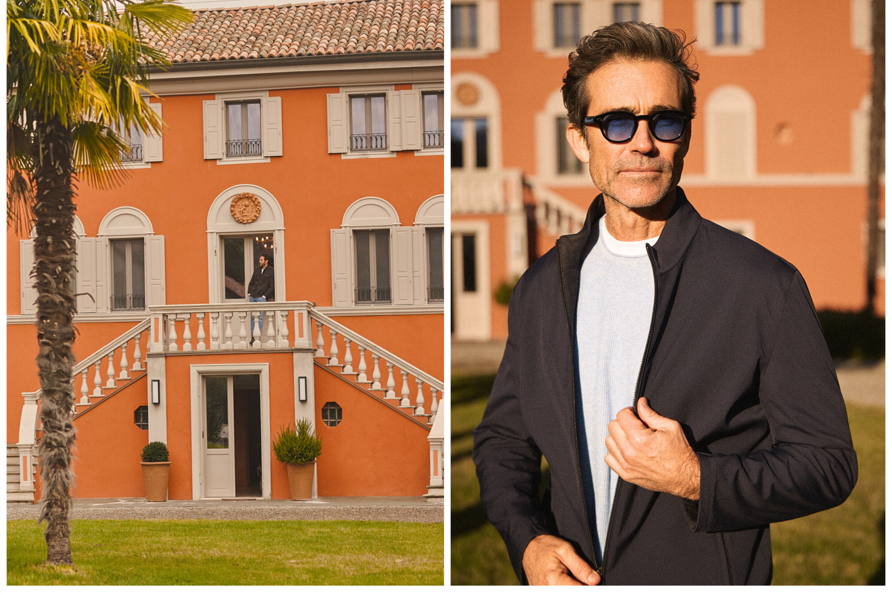 Άνδρας με γυαλιά ηλίου και jacket Portobello’s στέκεται μπροστά σε ιταλική βίλα με αψίδες, αποπνέοντας διαχρονική κομψότητα.