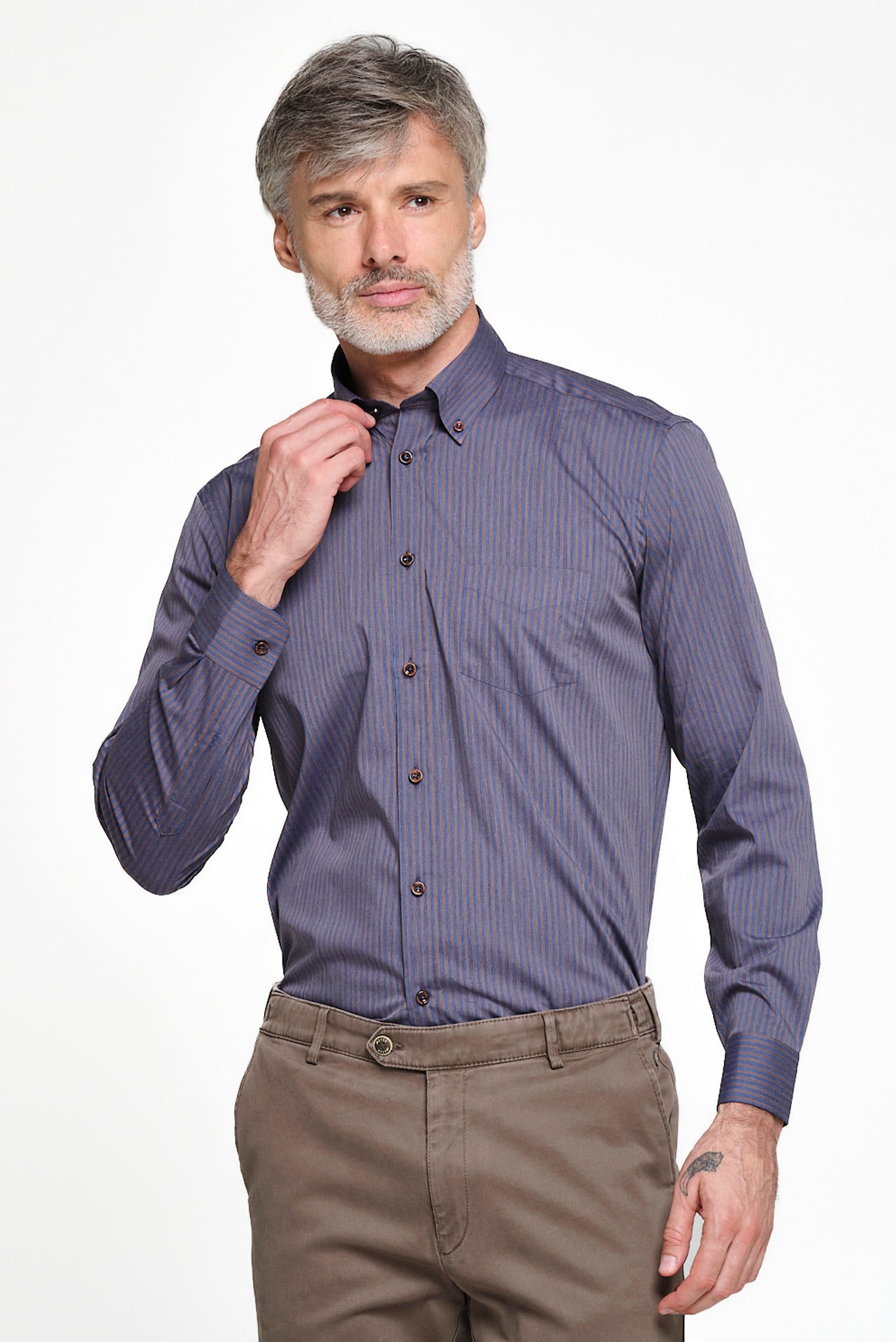 ΑΝΔΡΙΚΟ ΡΙΓΕ ΜΠΛΕ-ΚΑΦΕ ΠΟΥΚΑΜΙΣΟ ΜΕ BUTTON DOWN ΓΙΑΚΑ SLIM FIT PORTOBELLO'S