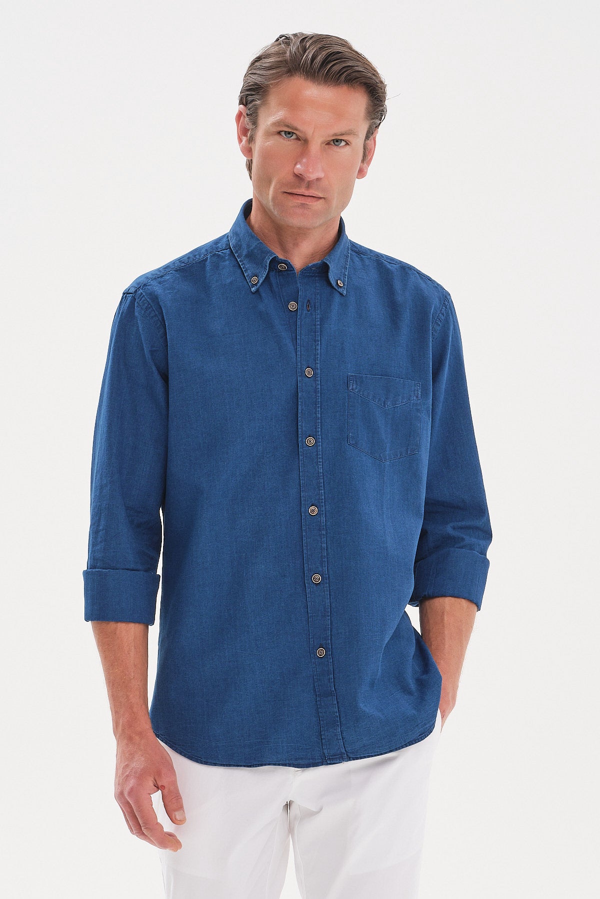 ΑΝΔΡΙΚΟ DENIM ΠΟΥΚΑΜΙΣΟ ΜΟΝΟΧΡΩΜΟ PORTOBELLO'S REGULAR FIT ΜΕ BUTTON DOWN ΓΙΑΚΑ