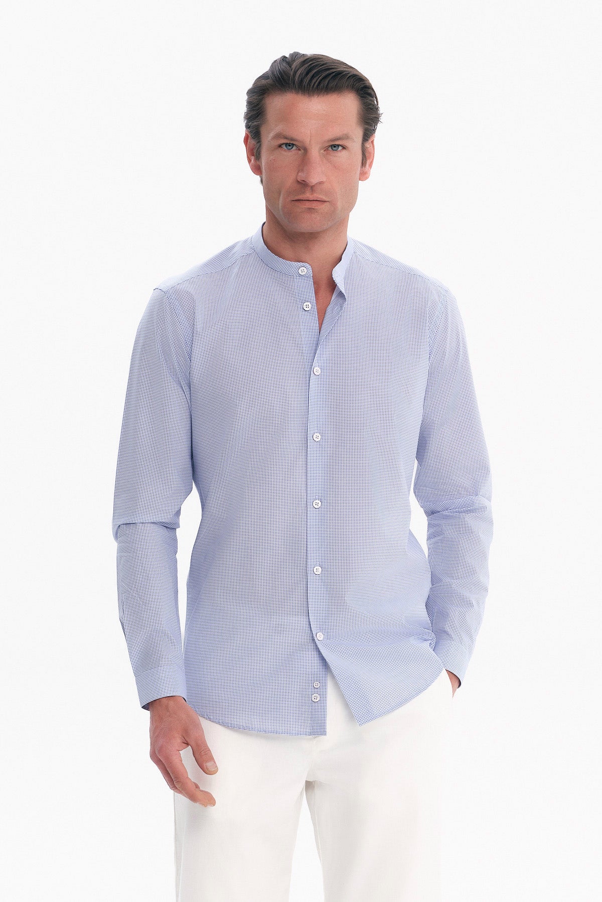 ΑΝΔΡΙΚΟ ΜΠΛΕ ΠΟΥΚΑΜΙΣΟ SLIM FIT PORTOBELLO'S ΜΕ ΜΑΟ ΓΙΑΚΑ ΚΑΙ ΜΙΚΡΟΣΧΕΔΙΟ