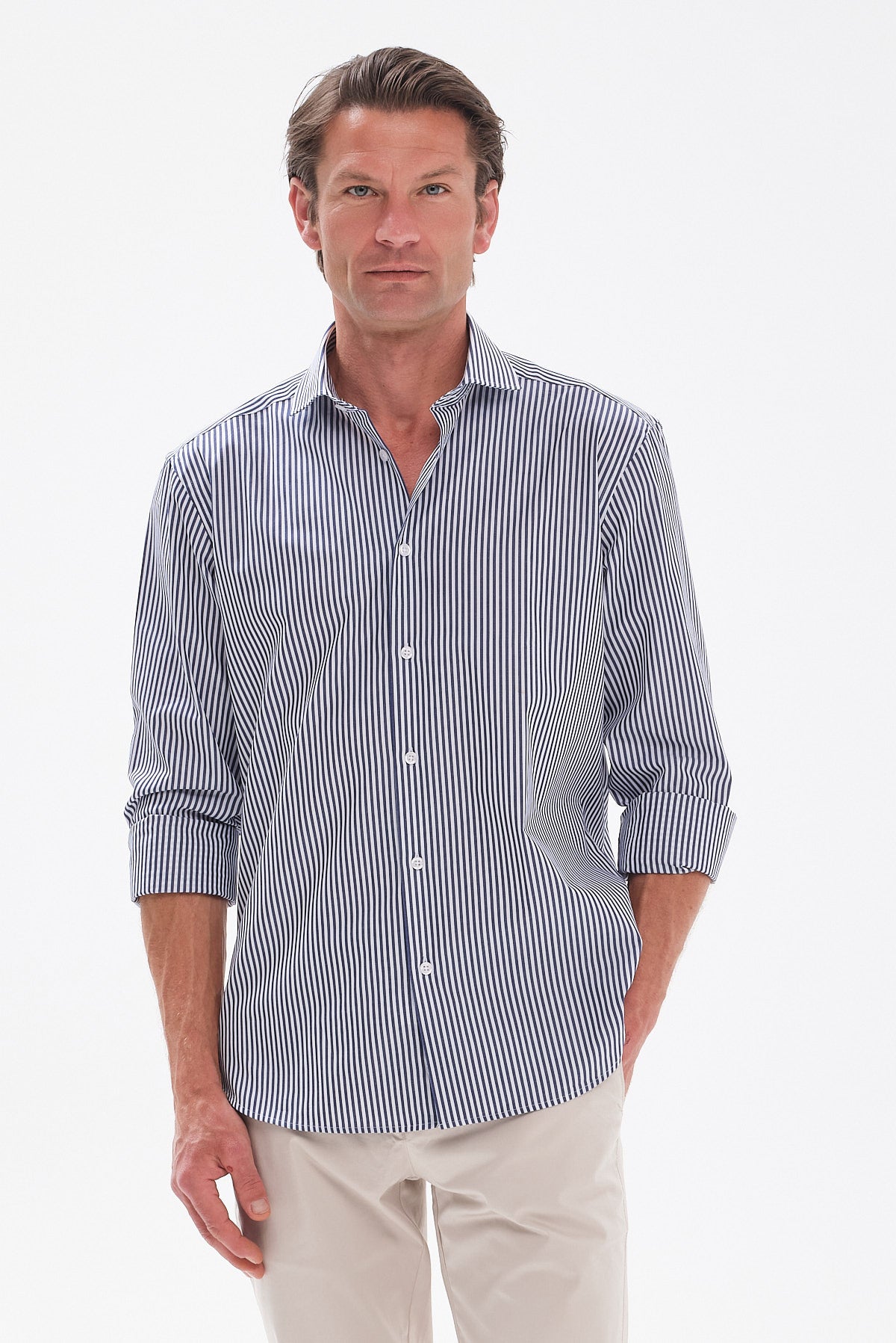 ΑΝΔΡΙΚΟ ΡΙΓΕ ΜΠΛΕ-ΛΕΥΚΟ ΠΟΥΚΑΜΙΣΟ PORTOBELLO'S REGULAR FIT ΜΕ REX ΓΙΑΚΑ