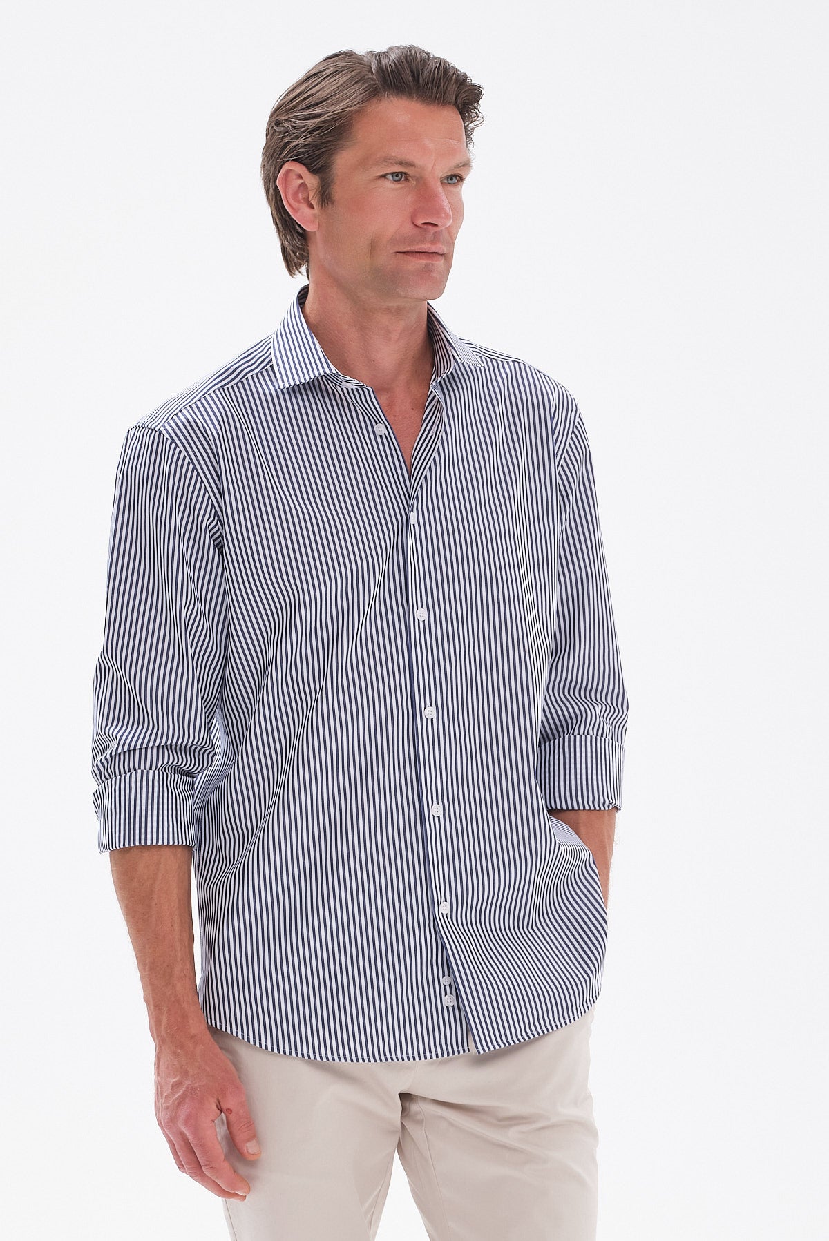 ΑΝΔΡΙΚΟ ΡΙΓΕ ΜΠΛΕ-ΛΕΥΚΟ ΠΟΥΚΑΜΙΣΟ PORTOBELLO'S REGULAR FIT ΜΕ REX ΓΙΑΚΑ