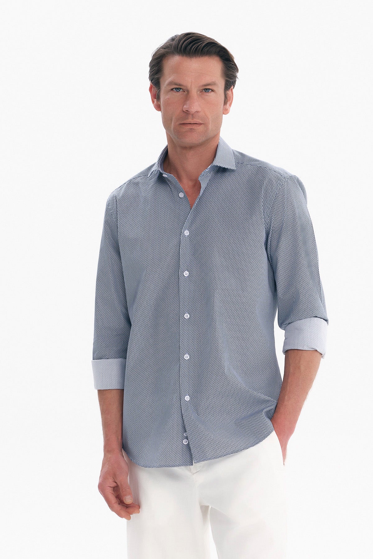 ΑΝΔΡΙΚΟ ΜΠΛΕ ΠΟΥΚΑΜΙΣΟ REGULAR FIT PORTOBELLO'S ΜΕ REX ΓΙΑΚΑ ΚΑΙ ΜΙΚΡΑ ΜΟΤΙΒΑ