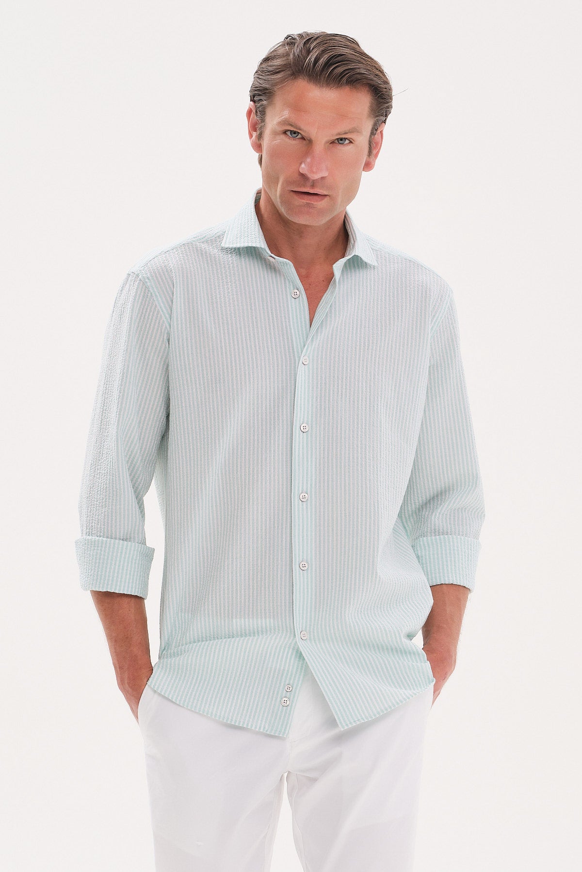 ΑΝΔΡΙΚΟ SEERSUCKER ΠΟΥΚΑΜΙΣΟ ΣΤΟ ΧΡΩΜΑΣ ΤΗΣ ΜΕΝΤΑΣ PORTOBELLO'S REGULAR FIT ΜΕ REX ΓΙΑΚΑ