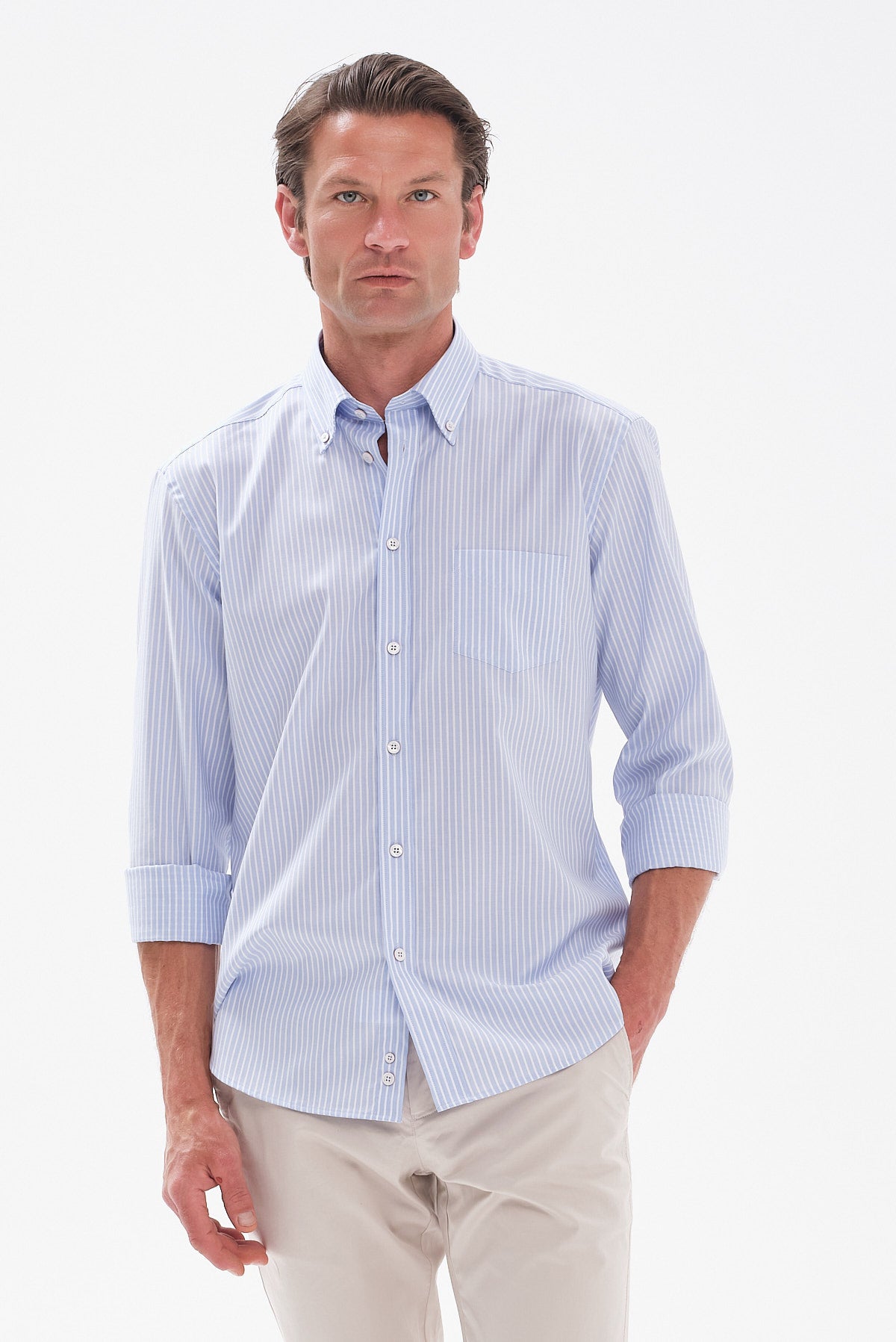 ΑΝΔΡΙΚΟ ΡΙΓΕ ΣΙΕΛ-ΛΕΥΚΟ ΠΟΥΚΑΜΙΣΟ PORTOBELLO'S REGULAR FIT ΜΕ BUTTON DOWN ΓΙΑΚΑ