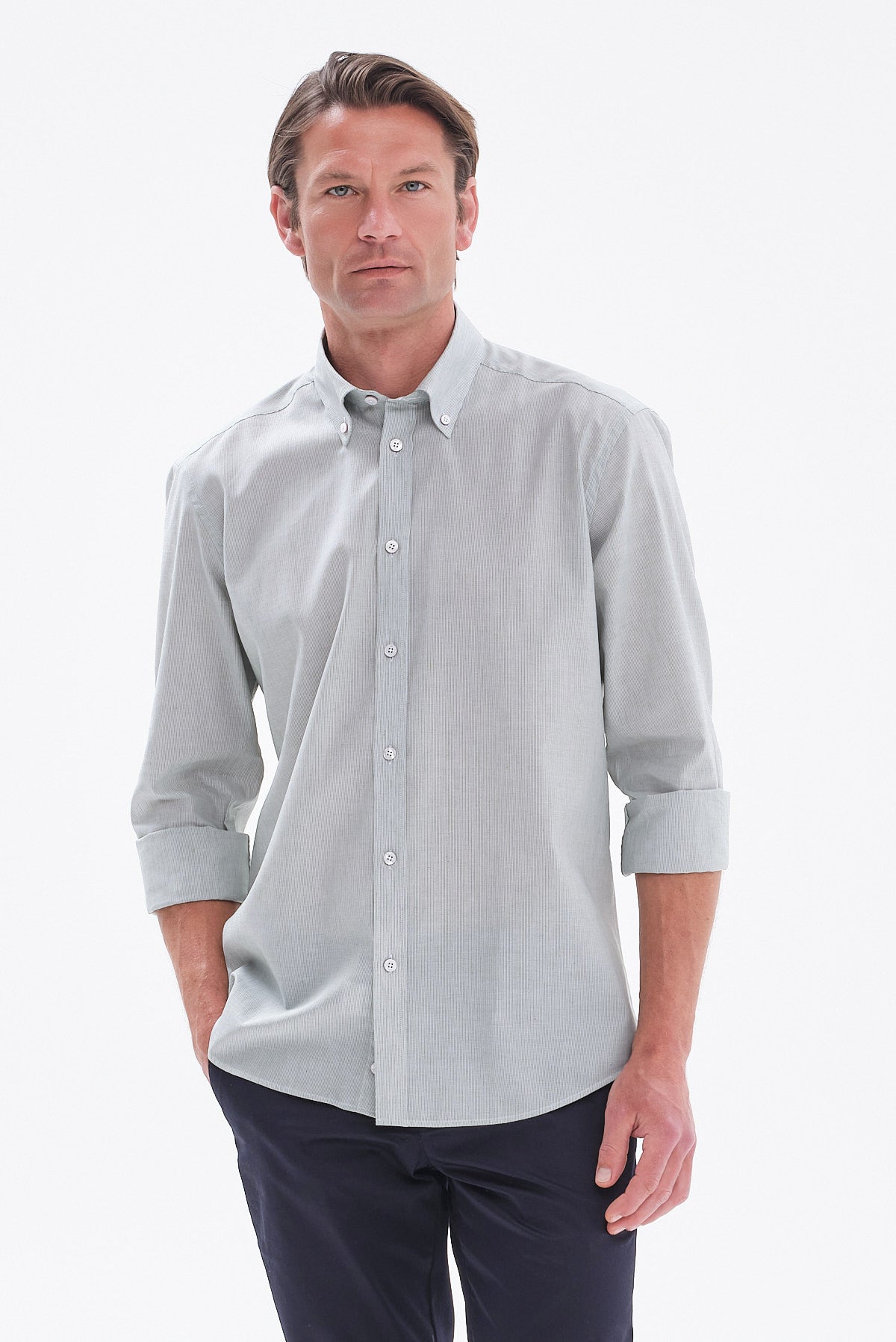 ΑΝΔΡΙΚΟ ΡΙΓΕ ΠΟΥΚΑΜΙΣΟ ΣΤΟ ΧΡΩΜΑ ΤΗΣ ΜΕΝΤΑΣ PORTOBELLO'S REGULAR FIT ΜΕ BUTTON DOWN ΓΙΑΚΑ