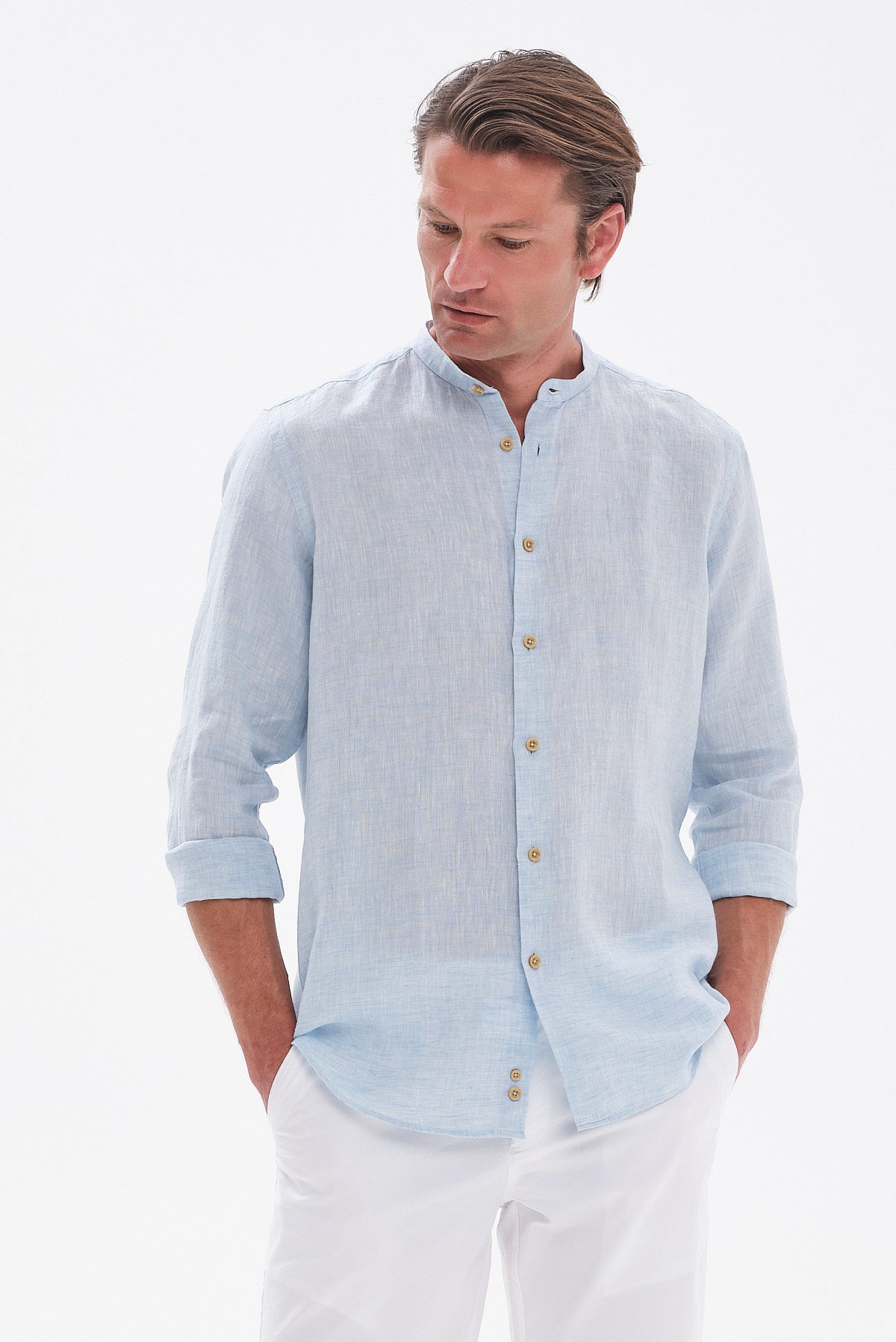 ΑΝΔΡΙΚΟ ΣΙΕΛ ΛΙΝΟ ΠΟΥΚΑΜΙΣΟ PORTOBELLO'S MODERN FIT ΜΕ MAO ΓΙΑΚΑ