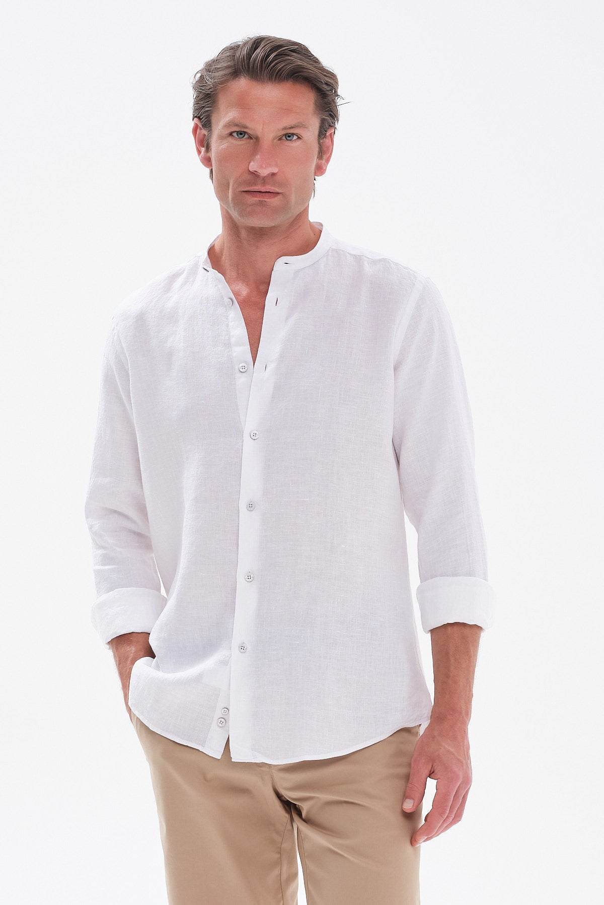 ΑΝΔΡΙΚΟ ΛΕΥΚΟ ΛΙΝΟ ΠΟΥΚΑΜΙΣΟ PORTOBELLO'S MODERN FIT ΜΕ MAO ΓΙΑΚΑ