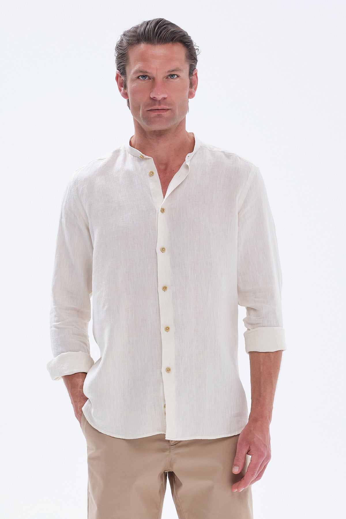 ΑΝΔΡΙΚΟ ΕΚΡΟΥ ΛΙΝΟ ΠΟΥΚΑΜΙΣΟ PORTOBELLO'S MODERN FIT ΜΕ MAO ΓΙΑΚΑ