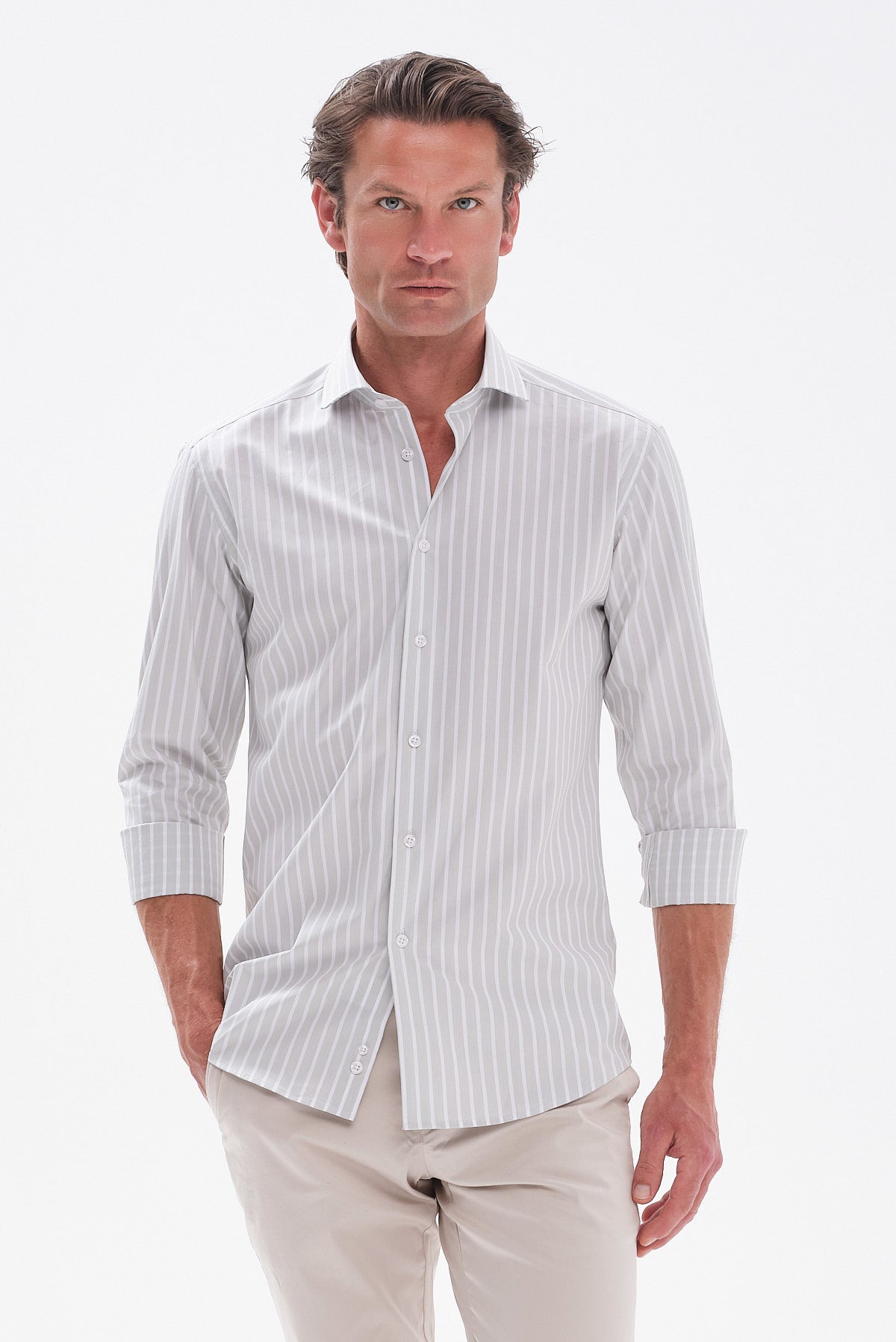 ΑΝΔΡΙΚΟ ΡΙΓΕ ΠΟΥΚΑΜΙΣΟ ΣΤΟ ΧΡΩΜΑ ΤΗΣ ΜΕΝΤΑΣ PORTOBELLO'S SLIM FIT ΜΕ REX ΓΙΑΚΑ