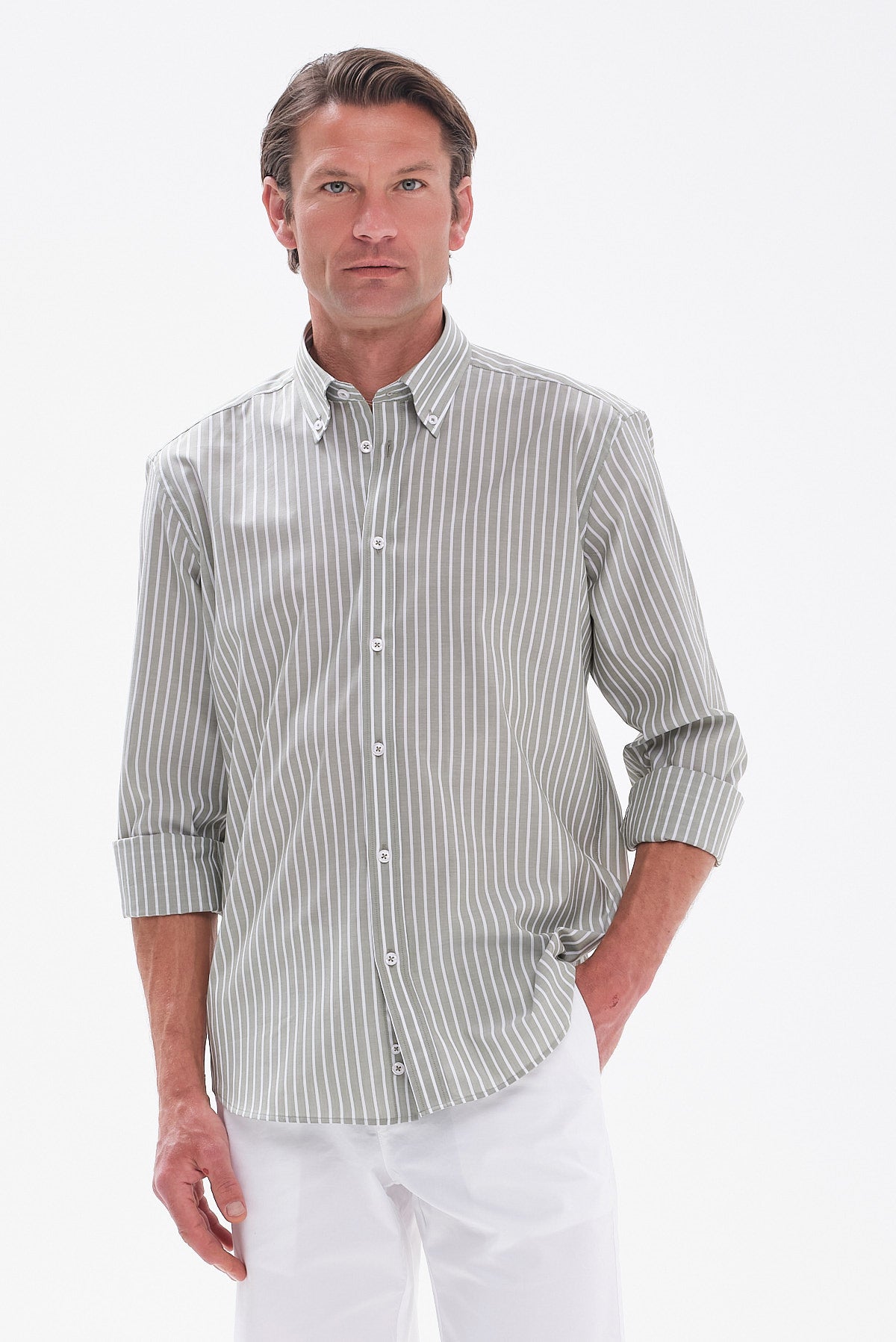 ΑΝΔΡΙΚΟ ΠΟΥΚΑΜΙΣΟ ΣΤΟ ΧΡΩΜΑ ΤΗΣ ΜΕΝΤΑΣ ΜΕ ΛΕΥΚΕΣ ΡΙΓΕΣ PORTOBELLO'S REGULAR FIT ΚΑΙ BUTTON DOWN ΓΙΑΚΑ