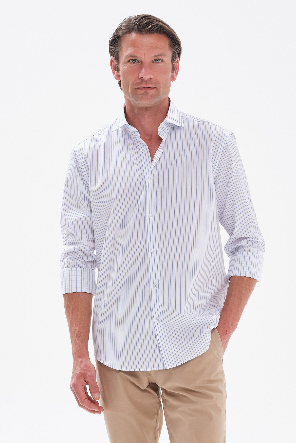 ΑΝΔΡΙΚΟ ΡΙΓΕ ΛΕΥΚΟ-ΜΠΛΕ ΠΟΥΚΑΜΙΣΟ PORTOBELLO'S REGULAR FIT ΜΕ REX ΓΙΑΚΑ