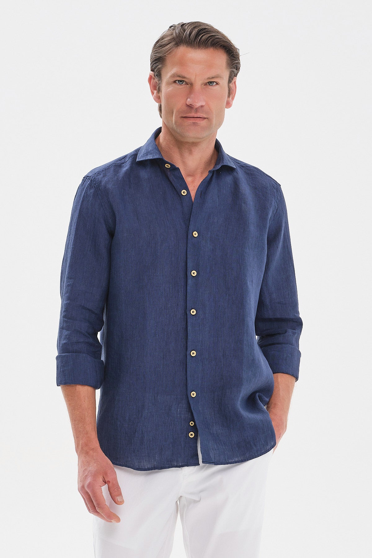 ΑΝΔΡΙΚΟ ΜΠΛΕ ΣΚΟΥΡΟ ΛΙΝΟ ΠΟΥΚΑΜΙΣΟ PORTOBELLO'S MODERN FIT ΜΕ REX ΓΙΑΚΑ