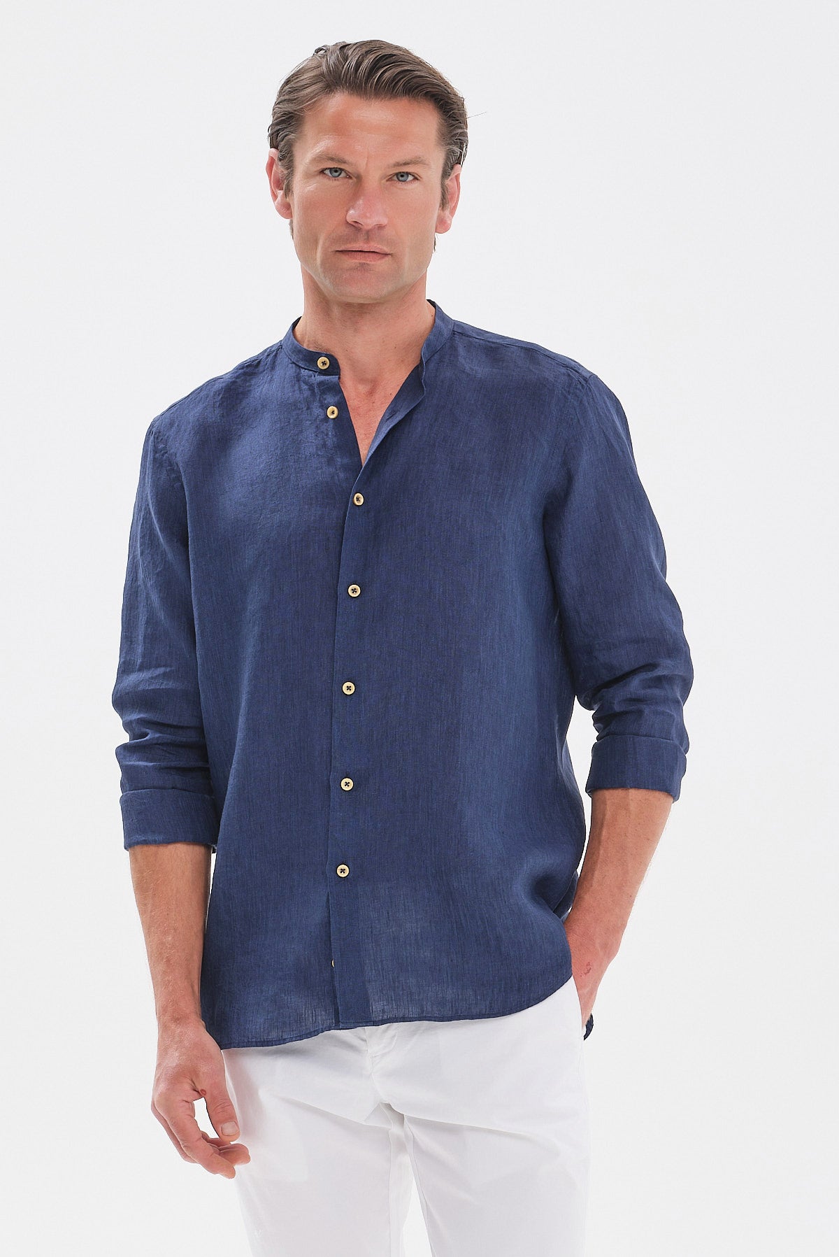 ΑΝΔΡΙΚΟ ΛΙΝΟ ΜΠΛΕ ΣΚΟΥΡΟ ΠΟΥΚΑΜΙΣΟ PORTOBELLO'S MODERN FIT ΜΕ ΜΑΟ ΓΙΑΚΑ