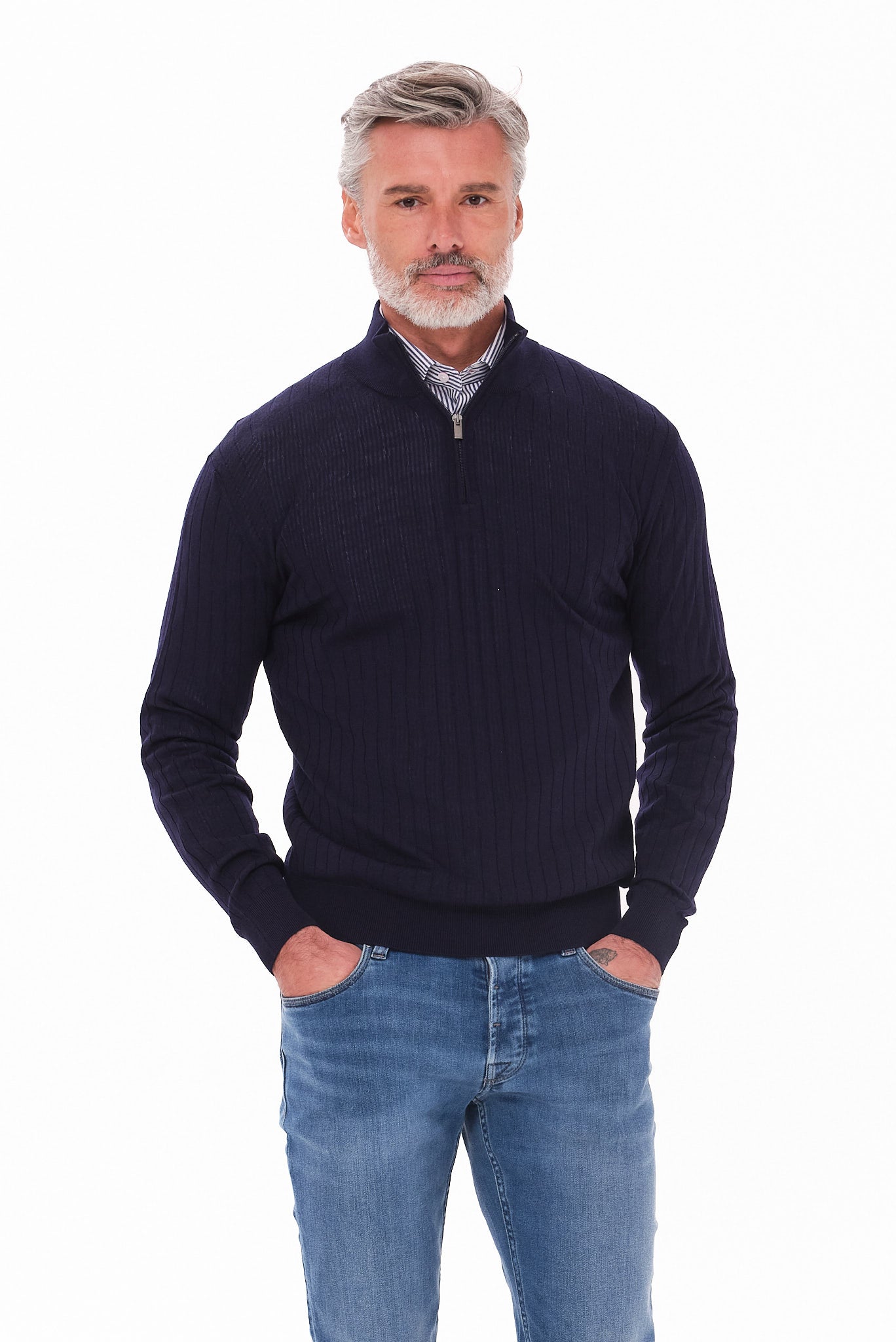 ΑΝΔΡΙΚΟ ΜΠΛΕ ΜΑΛΛΙΝΟ LUPETTO ZIP PORTOBELLO'S REGULAR FIT ΜΕ ΔΙΑΚΡΙΤΙΚΗ ΡΙΓΕ ΠΛΕΞΗ