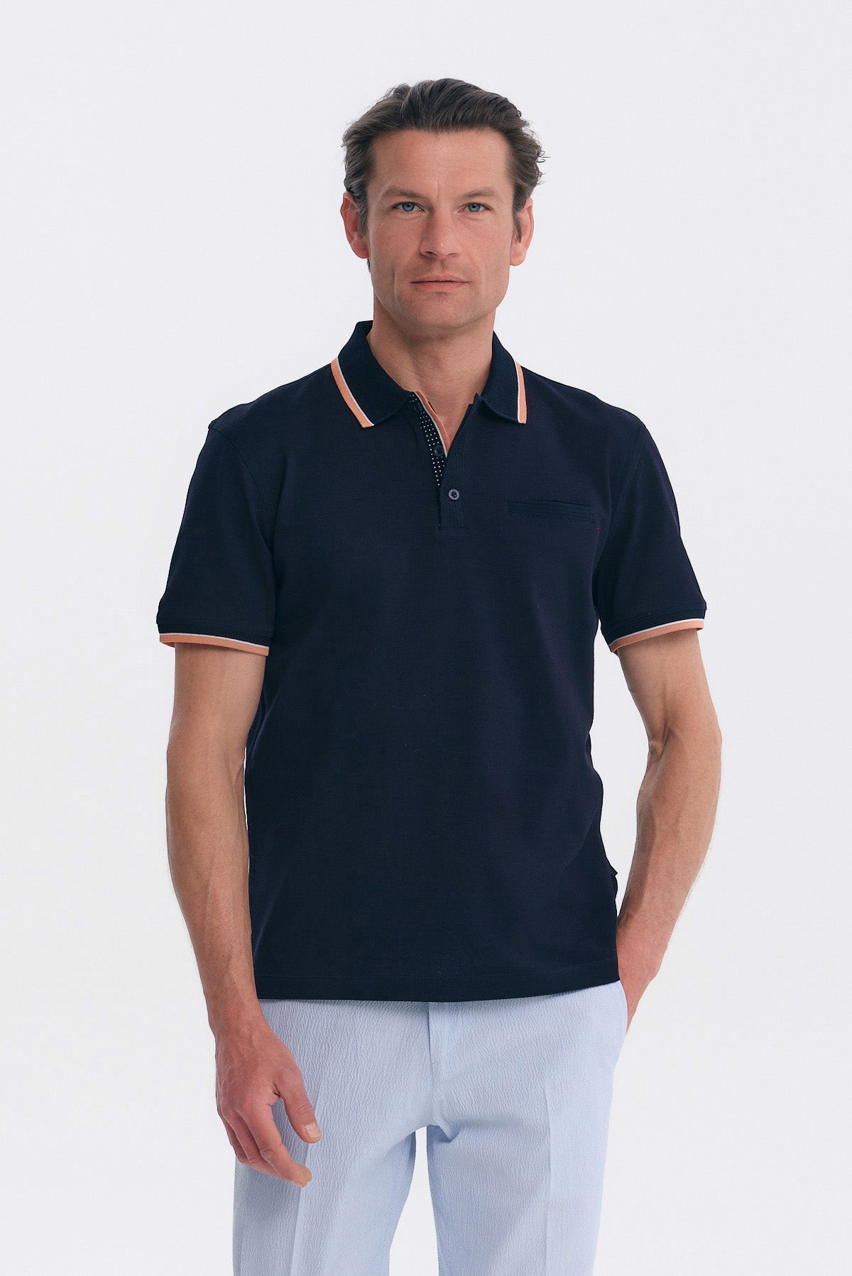 ΑΝΔΡΙΚΟ ΜΠΛΕ POLO MERCERISED REGULAR FIT PORTOBELLO'S ΜΕ ΛΕΠΤΟΜΕΡΕΙΕΣ
