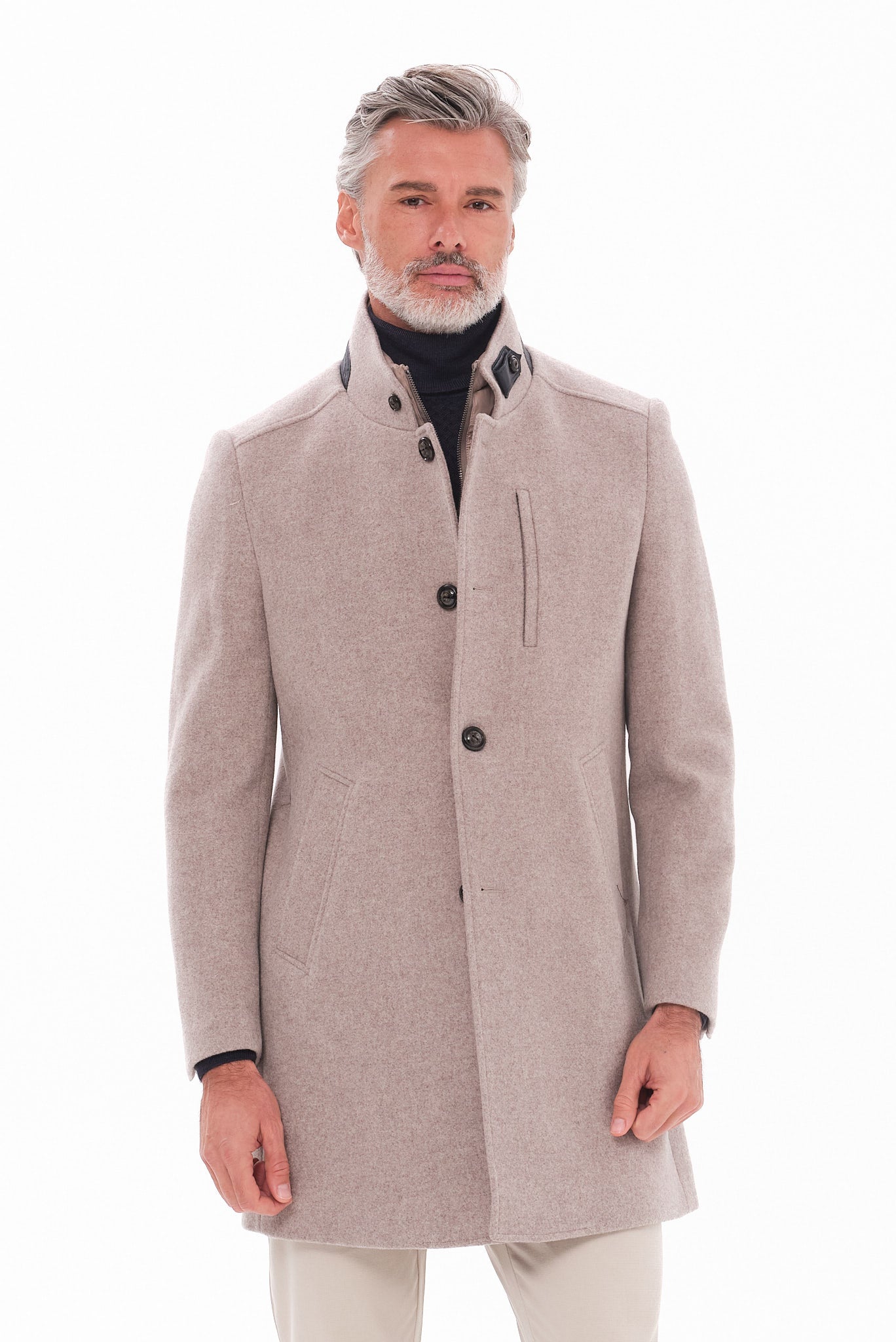 ΑΝΔΡΙΚΟ ΜΠΕΖ ΣΚΟΥΡΟ ΠΑΛΤΟ PORTOBELLO'S ΜΕ ΔΕΡΜΑΤΙΝΕΣ ΛΕΠΤΟΜΕΡΕΙΕΣ KAI ΜΑΟ ΓΙΑΚΑ REGULAR FIT