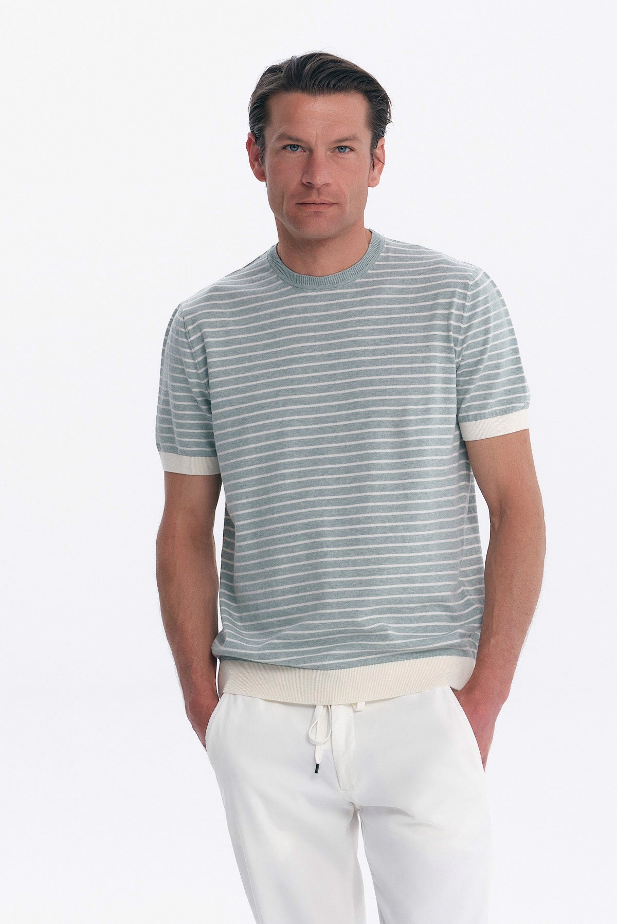 ΑΝΔΡΙΚΟ ΡΙΓΕ ΠΛΕΚΤΟ ΚΟΝΤΟΜΑΝΙΚΟ T-SHIRT ΜΑΡΙΝΙΕΡΑ PORTOBELLO'S ΣΤΟ ΧΡΩΜΑ ΤΗΣ ΜΕΝΤΑΣ