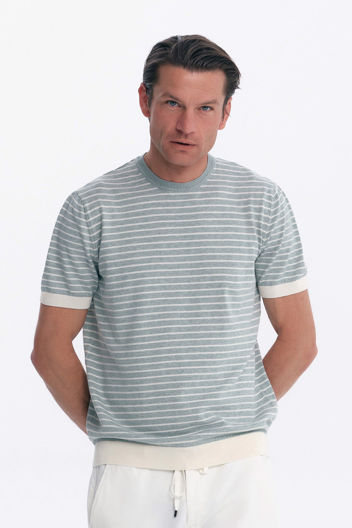 ΑΝΔΡΙΚΟ ΡΙΓΕ ΠΛΕΚΤΟ ΚΟΝΤΟΜΑΝΙΚΟ T-SHIRT ΜΑΡΙΝΙΕΡΑ PORTOBELLO'S ΣΤΟ ΧΡΩΜΑ ΤΗΣ ΜΕΝΤΑΣ