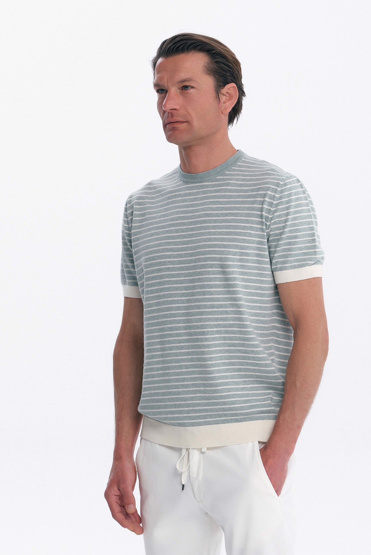 ΑΝΔΡΙΚΟ ΡΙΓΕ ΠΛΕΚΤΟ ΚΟΝΤΟΜΑΝΙΚΟ T-SHIRT ΜΑΡΙΝΙΕΡΑ PORTOBELLO'S ΣΤΟ ΧΡΩΜΑ ΤΗΣ ΜΕΝΤΑΣ