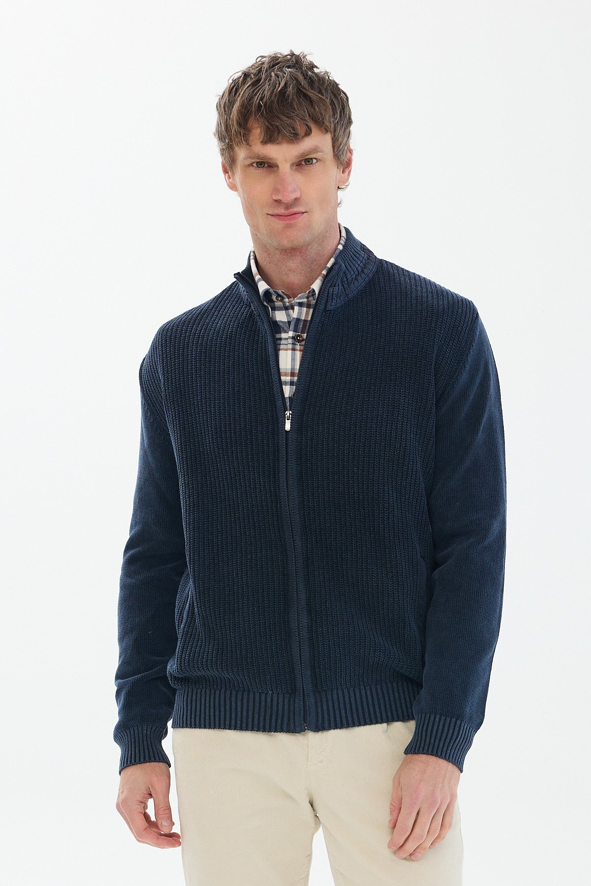 ΑΝΔΡΙΚΗ ΖΑΚΕΤΑ CARDIGAN ΜΠΛΕ PORTOBELLO'S ΜΕ ΦΕΡΜΟΥΑΡ ΚΑΙ ΣΧΕΔΙΟ ΣΤΗΝ ΥΦΑΝΣΗ REGULAR FIT