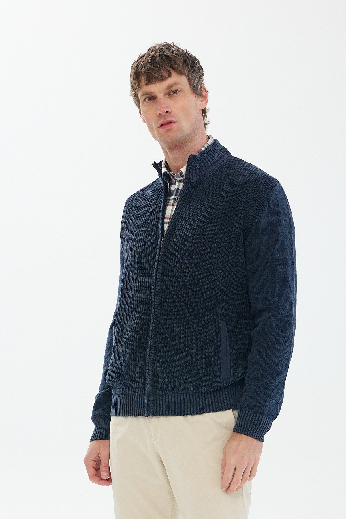 ΑΝΔΡΙΚΗ ΖΑΚΕΤΑ CARDIGAN ΜΠΛΕ PORTOBELLO'S ΜΕ ΦΕΡΜΟΥΑΡ ΚΑΙ ΣΧΕΔΙΟ ΣΤΗΝ ΥΦΑΝΣΗ REGULAR FIT