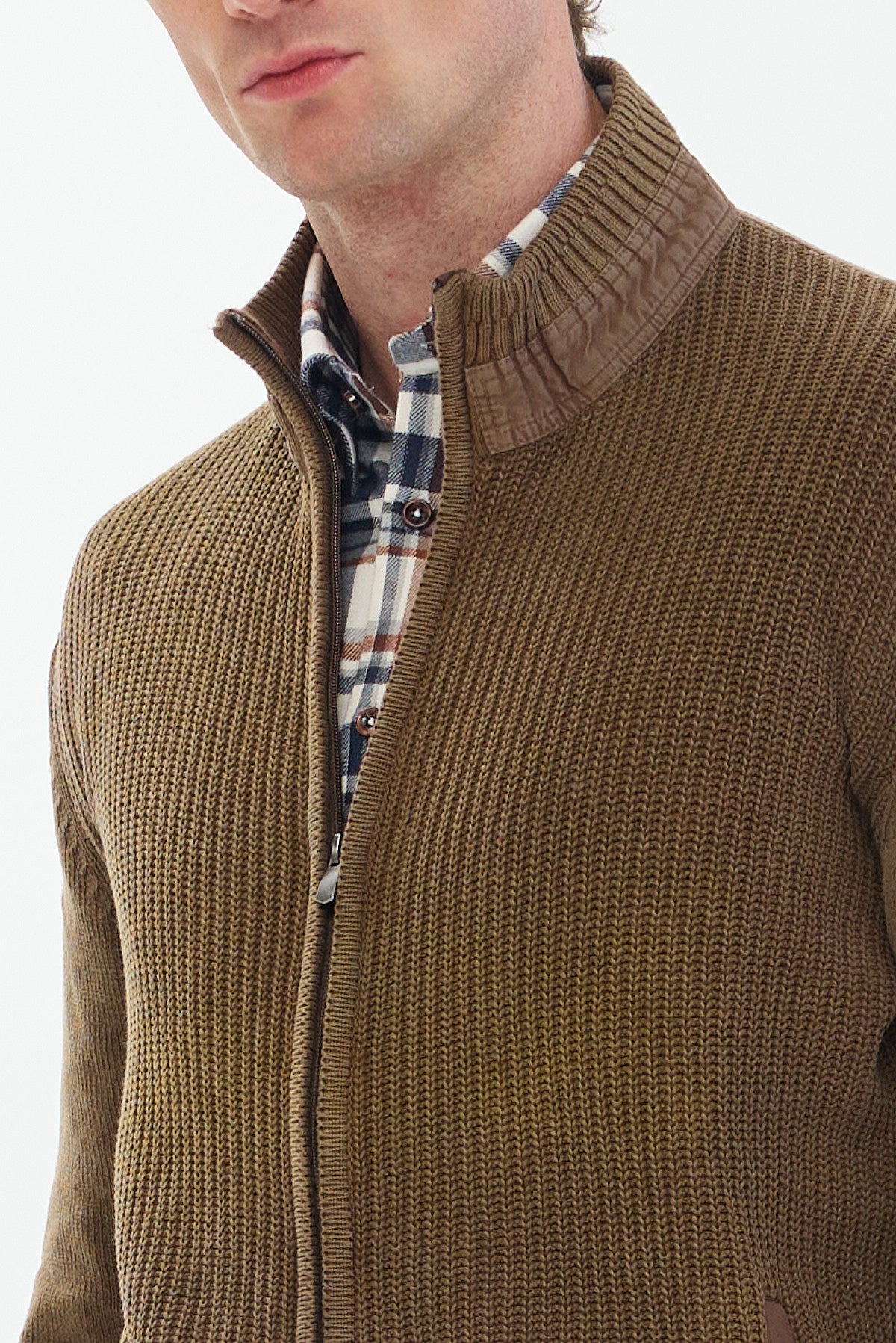 ΑΝΔΡΙΚΗ ΖΑΚΕΤΑ CARDIGAN ΜΠΕΖ ΣΚΟΥΡΟ PORTOBELLO'S ΜΕ ΦΕΡΜΟΥΑΡ ΚΑΙ ΣΧΕΔΙΟ ΣΤΗΝ ΥΦΑΝΣΗ REGULAR FIT