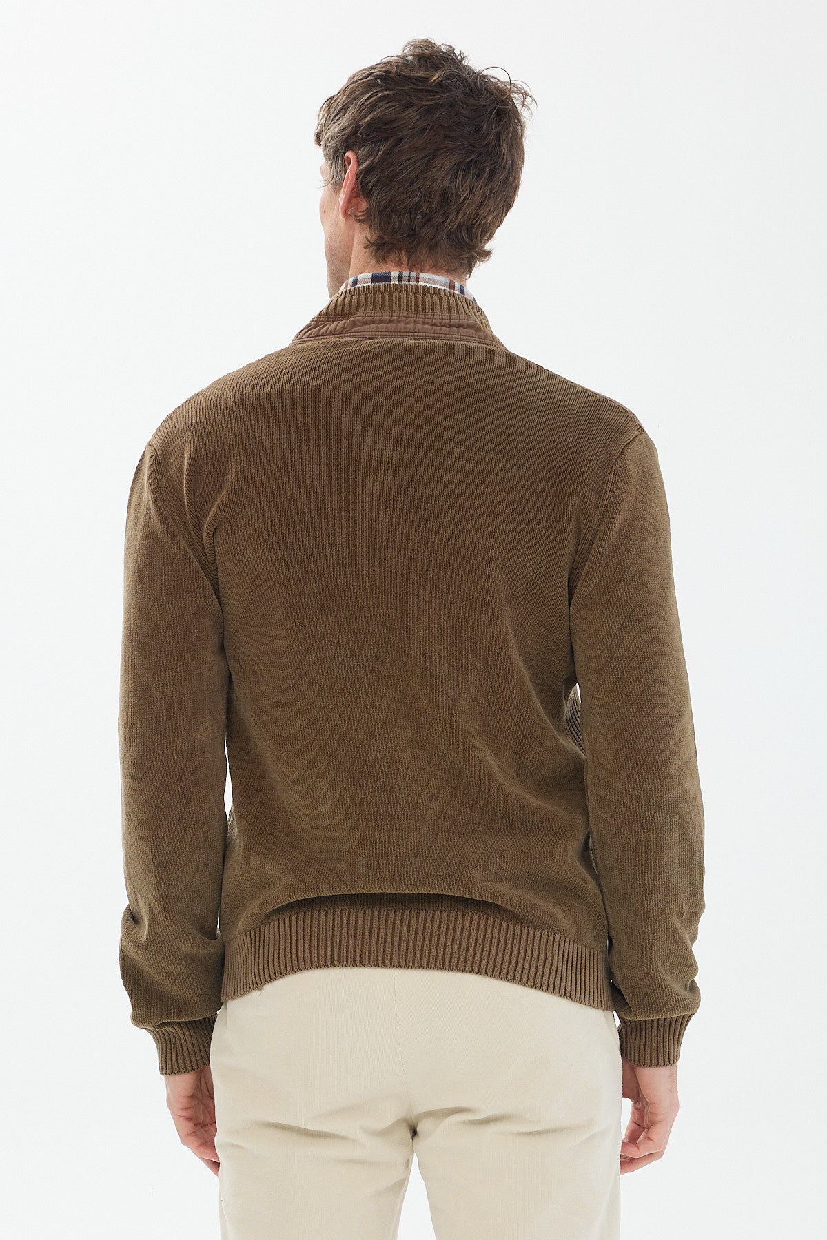 ΑΝΔΡΙΚΗ ΖΑΚΕΤΑ CARDIGAN ΜΠΕΖ ΣΚΟΥΡΟ PORTOBELLO'S ΜΕ ΦΕΡΜΟΥΑΡ ΚΑΙ ΣΧΕΔΙΟ ΣΤΗΝ ΥΦΑΝΣΗ REGULAR FIT