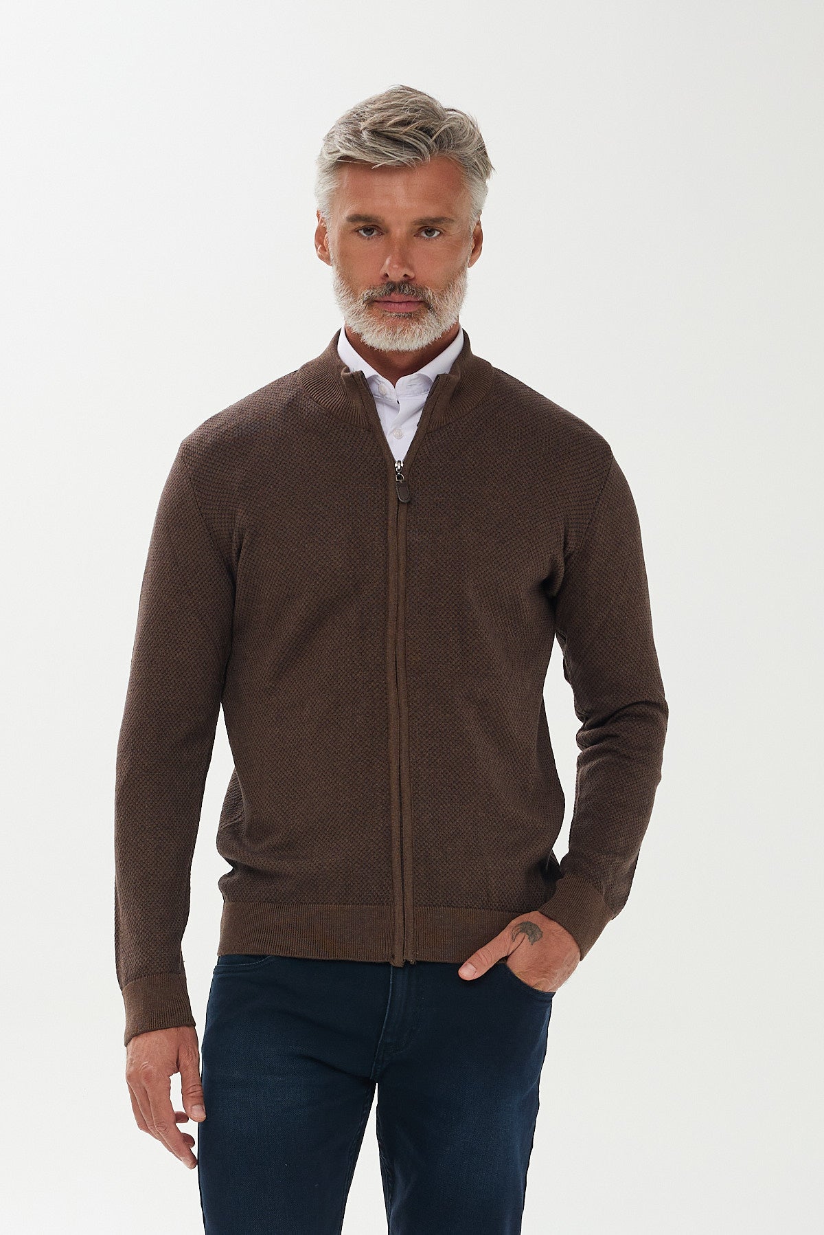 ΑΝΔΡΙΚΗ ΖΑΚΕΤΑ CARDIGAN PORTOBELLO'S ΣΕ ΑΠΟΧΡΩΣΗ ΚΑΦΕ ΜΠΛΕ ΜΕ ΜΙΚΡΟΣΧΕΔΙΟ REGULAR FIT