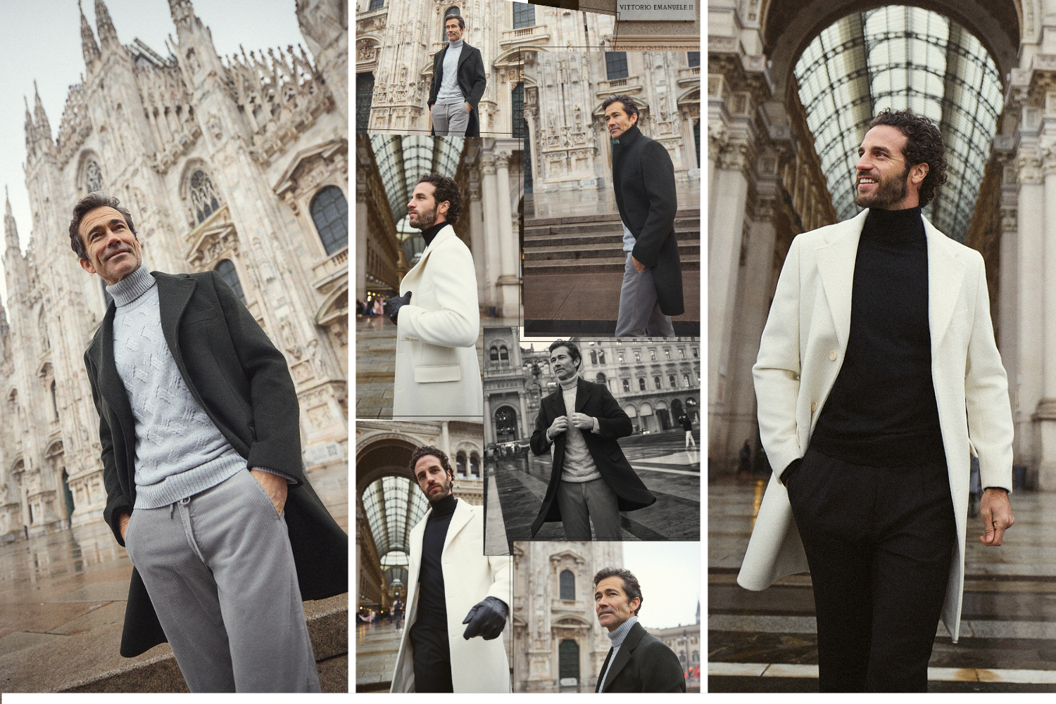 Άνδρες με κομψά παλτό Portobello's ποζάρουν με αυτοπεποίθηση στο Μιλάνο, κοντά στο καθεδρικό ναό της πλατειας Duomo.