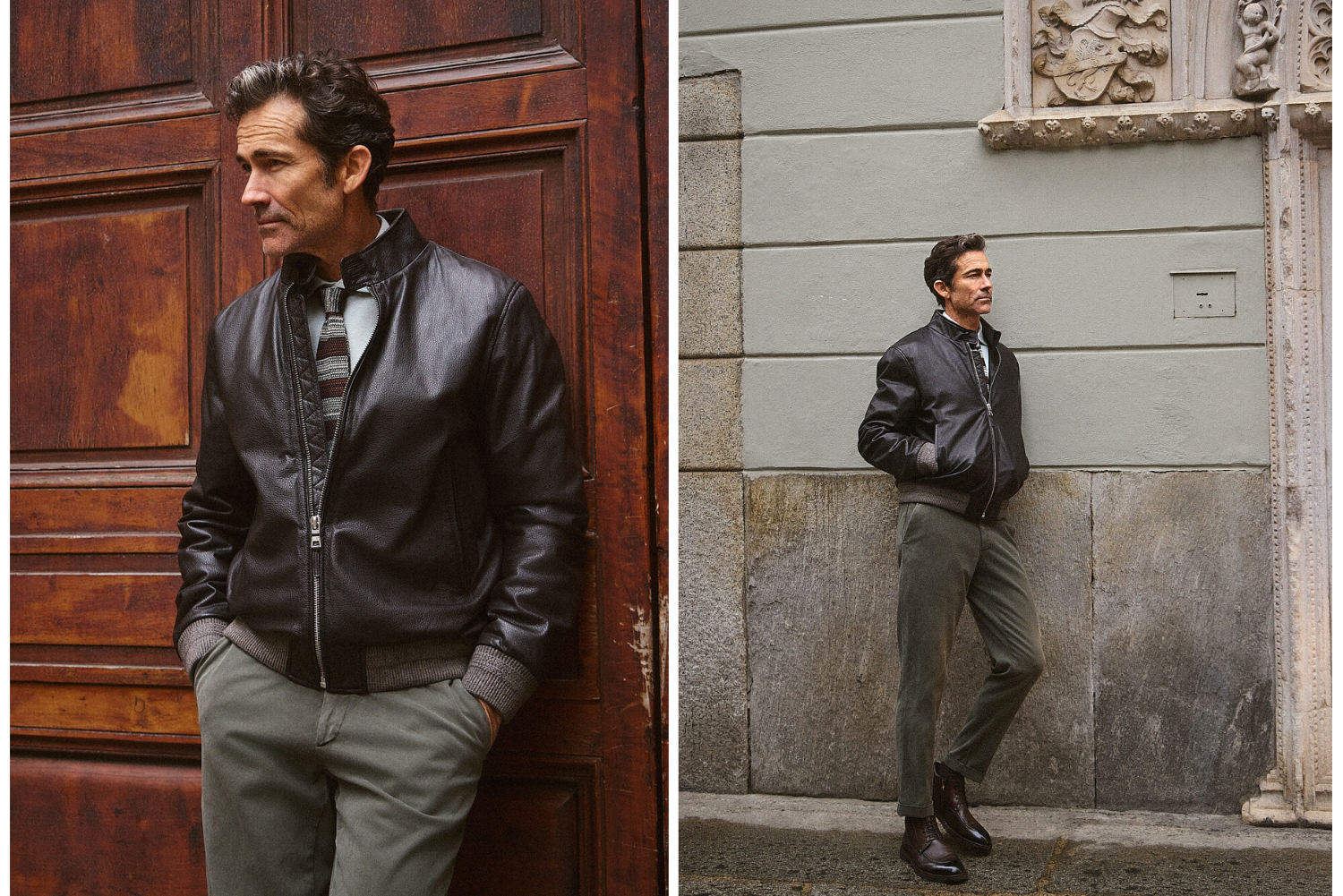 Άτομο στέκεται χαλαρά στο Μιλάνο φορώντας μαύρο δερμάτινο jacket και λαδί παντελόνι Portobello's, μπροστά από ξύλινη πόρτα και πέτρινο τοίχο, αποτυπώνοντας ένα relaxed urban look.