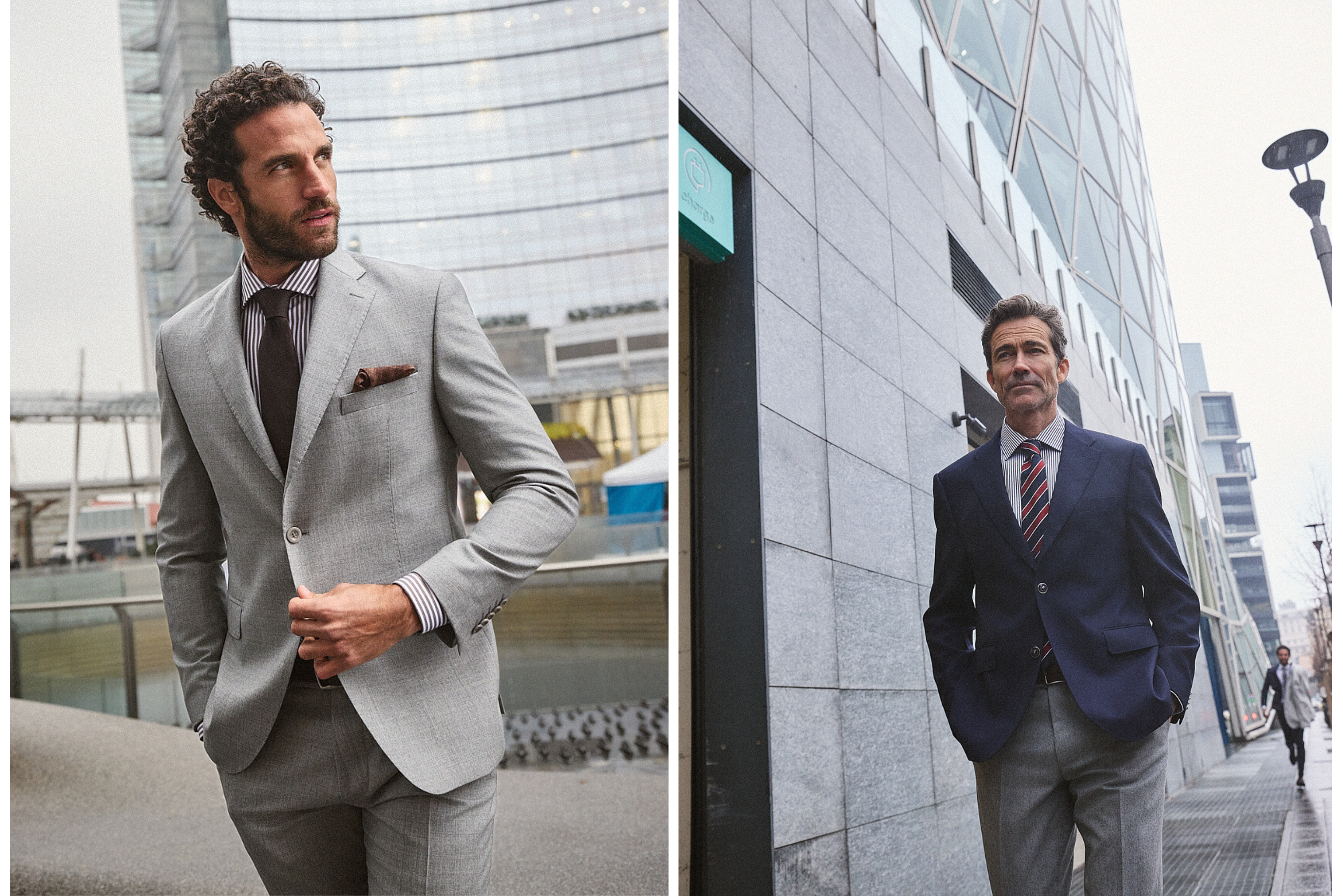 Δύο άνδρες με κοστούμια Portobello's περπατούν με αυτοπεποίθηση στο Μιλάνο. Ο πρώτος φορά ανοιχτό γκρι κοστούμι, ενώ ο δεύτερος σκούρο μπλε σακάκι με γκρι παντελόνι.