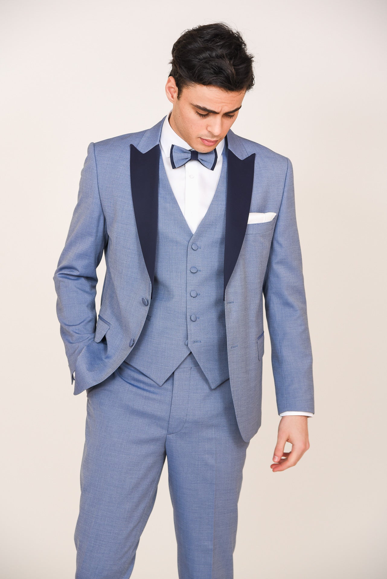 ΑΝΔΡΙΚΟ THREE-PIECE TUXEDO PORTOBELLO'S ΣΙΕΛ ΜΕ PEAK ΣΑΤΕΝ ΠΕΤΑ