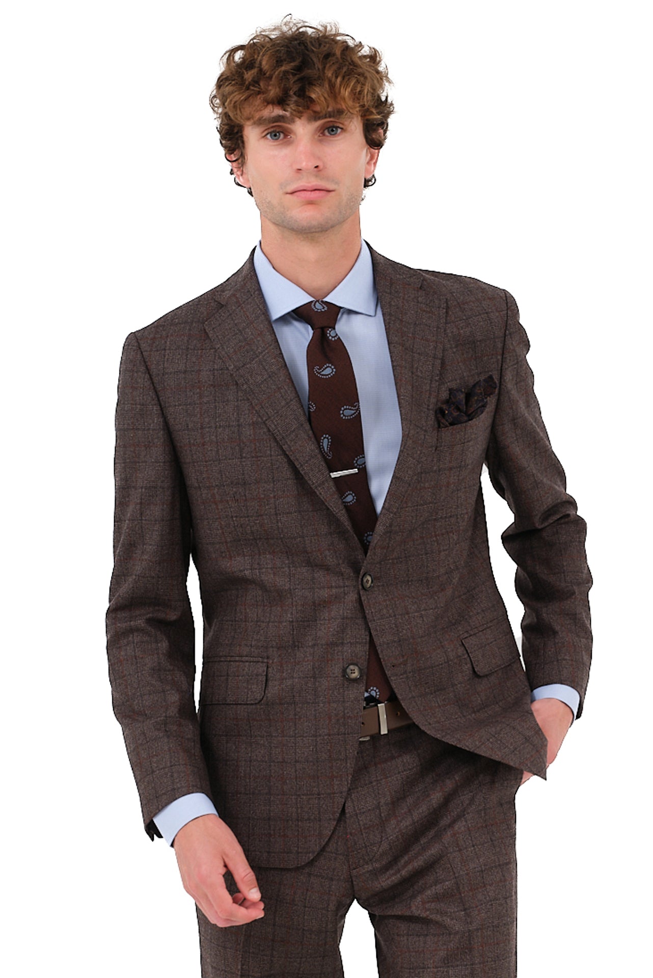 ΑΝΔΡΙΚΟ ΚΑΡΟ ΚΑΦΕ ΚΟΣΤΟΥΜΙ ΜΕ ΜΠΛΕ ΛΕΠΤΟΜΕΡΕΙΕΣ PORTOBELLO'S ΥΦΑΣΜΑ ZIGNONE SLIM FIT