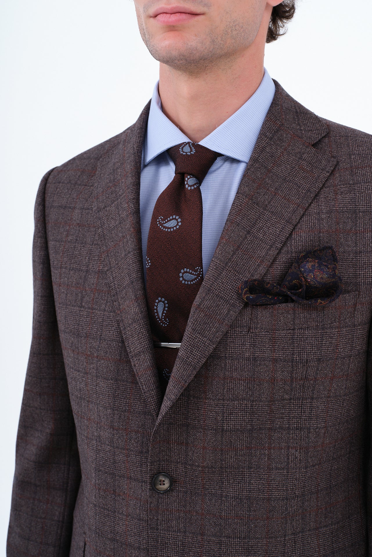 ΑΝΔΡΙΚΟ ΚΑΡΟ ΚΑΦΕ ΚΟΣΤΟΥΜΙ ΜΕ ΜΠΛΕ ΛΕΠΤΟΜΕΡΕΙΕΣ PORTOBELLO'S ΥΦΑΣΜΑ ZIGNONE SLIM FIT