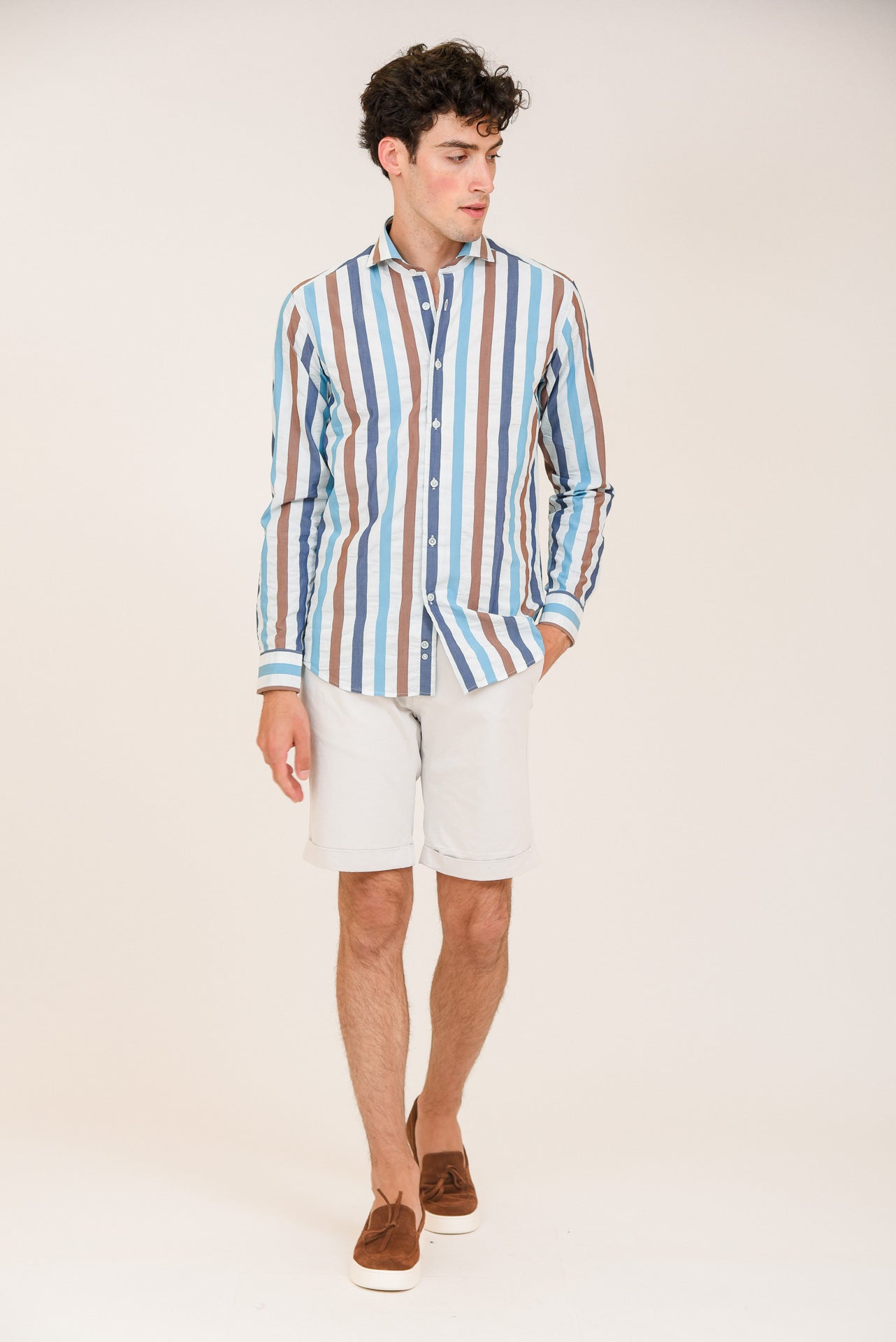 ΑΝΔΡΙΚΟ ΠΟΥΚΑΜΙΣΟ ΜΕ REX ΓΙΑΚΑ PORTOBELLO'S ΜΠΛΕ-ΚΑΦΕ ΜΕ ΧΡΩΜΑΤΙΣΤΕΣ ΡΙΓΕΣ SLIM FIT