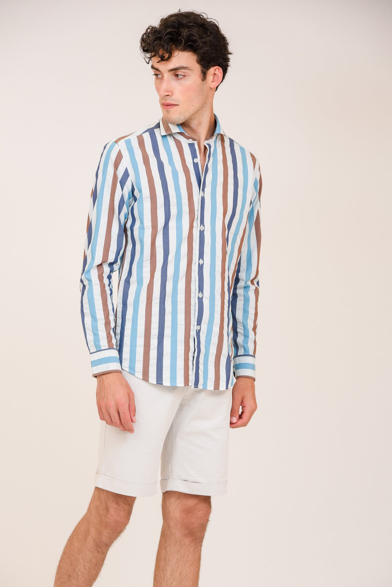 ΑΝΔΡΙΚΟ ΠΟΥΚΑΜΙΣΟ ΜΕ REX ΓΙΑΚΑ PORTOBELLO'S ΜΠΛΕ-ΚΑΦΕ ΜΕ ΧΡΩΜΑΤΙΣΤΕΣ ΡΙΓΕΣ SLIM FIT