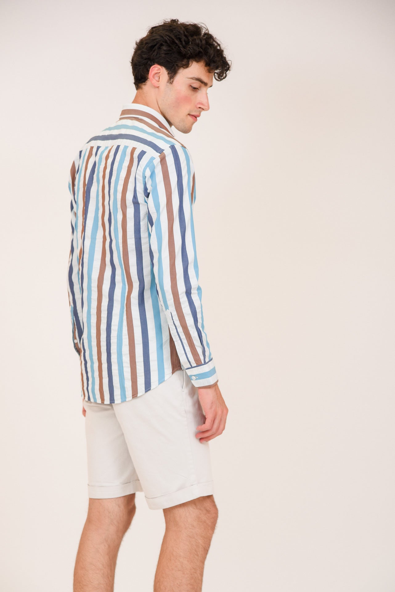 ΑΝΔΡΙΚΟ ΠΟΥΚΑΜΙΣΟ ΜΕ REX ΓΙΑΚΑ PORTOBELLO'S ΜΠΛΕ-ΚΑΦΕ ΜΕ ΧΡΩΜΑΤΙΣΤΕΣ ΡΙΓΕΣ SLIM FIT