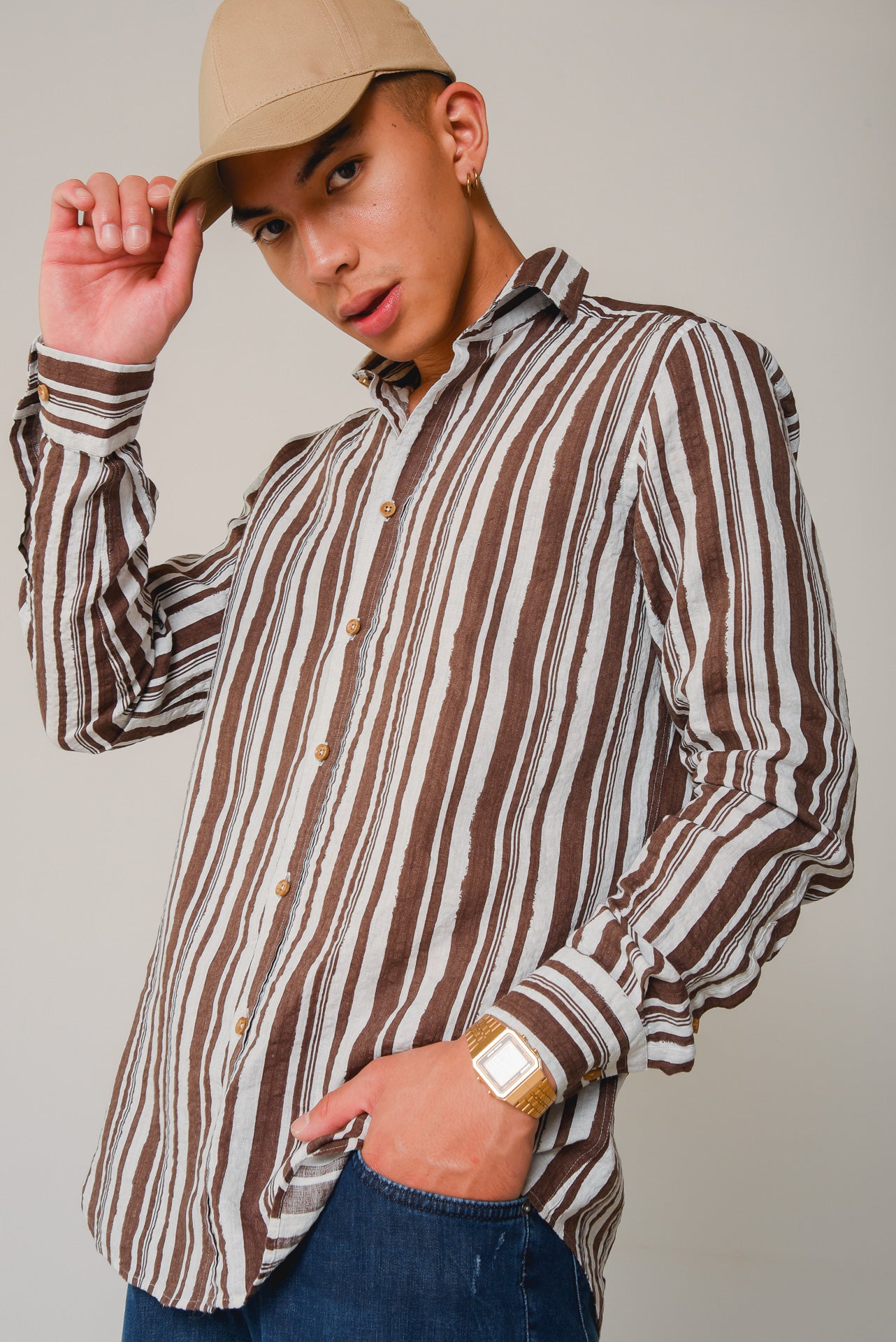 ΑΝΔΡΙΚΟ ΠΟΥΚΑΜΙΣΟ ΜΕ REX ΓΙΑΚΑ PORTOBELLO'S ΚΑΦΕ ΡΙΓΕ ΛΙΝΟ ΠΛΥΜΕΝΟ MODERN FIT