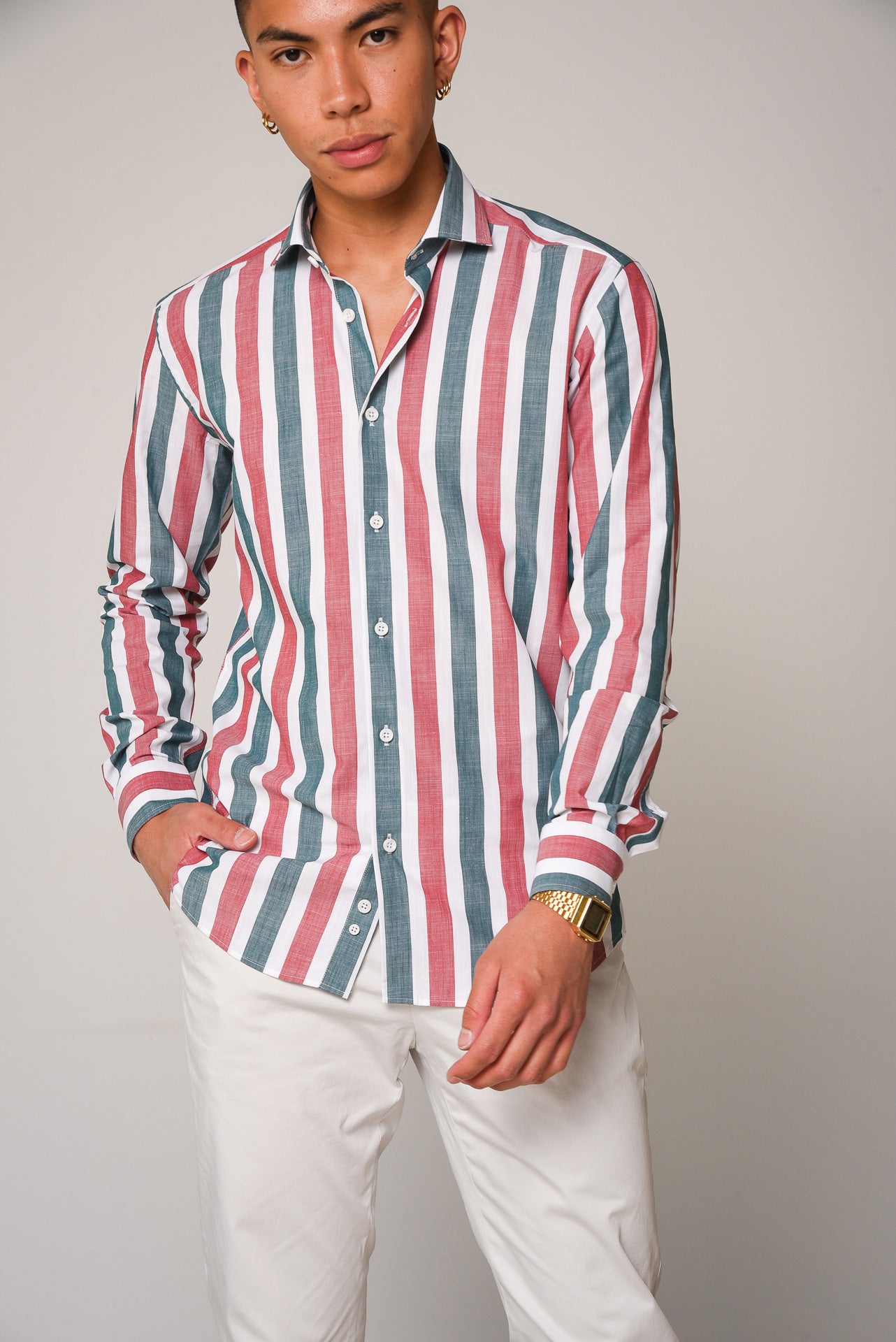 ΑΝΔΡΙΚΟ ΠΟΥΚΑΜΙΣΟ ΜΕ REX ΓΙΑΚΑ PORTOBELLO'S ΜΕ ΚΟΚΚΙΝΕΣ ΚΑΙ ΠΡΑΣΙΝΕΣ ΦΑΡΔΙΕΣ ΡΙΓΕΣ SLIM FIT