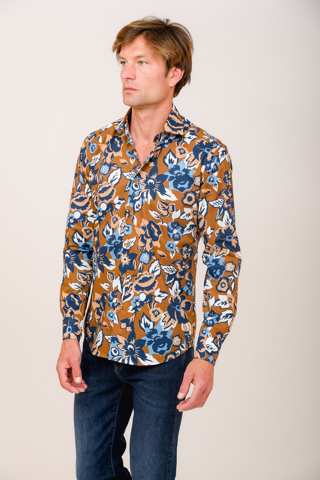 ΑΝΔΡΙΚΟ ΠΟΥΚΑΜΙΣΟ ΜΕ REX ΓΙΑΚΑ PORTOBELLO'S ΜΠΕΖ ΜΠΛΕ ΜΕ ΕΝΤΟΝΑ FLORAL ΣΧΕΔΙΑ