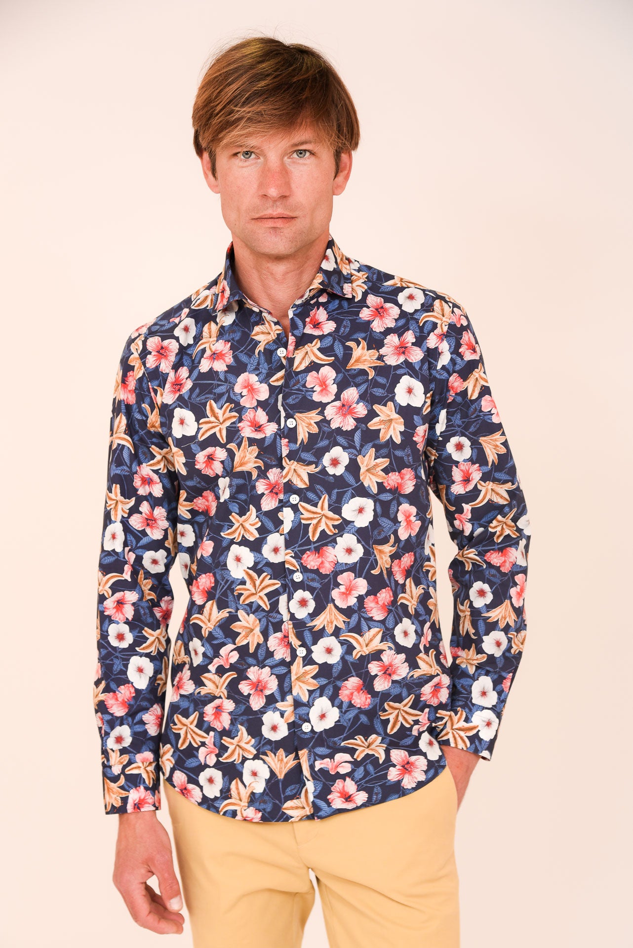 ΑΝΔΡΙΚΟ ΠΟΥΚΑΜΙΣΟ ΜΕ REX ΓΙΑΚΑ PORTOBELLO'S ΜΠΛΕ ΜΠΕΖ ΡΟΖ FLORAL SLIM FIT