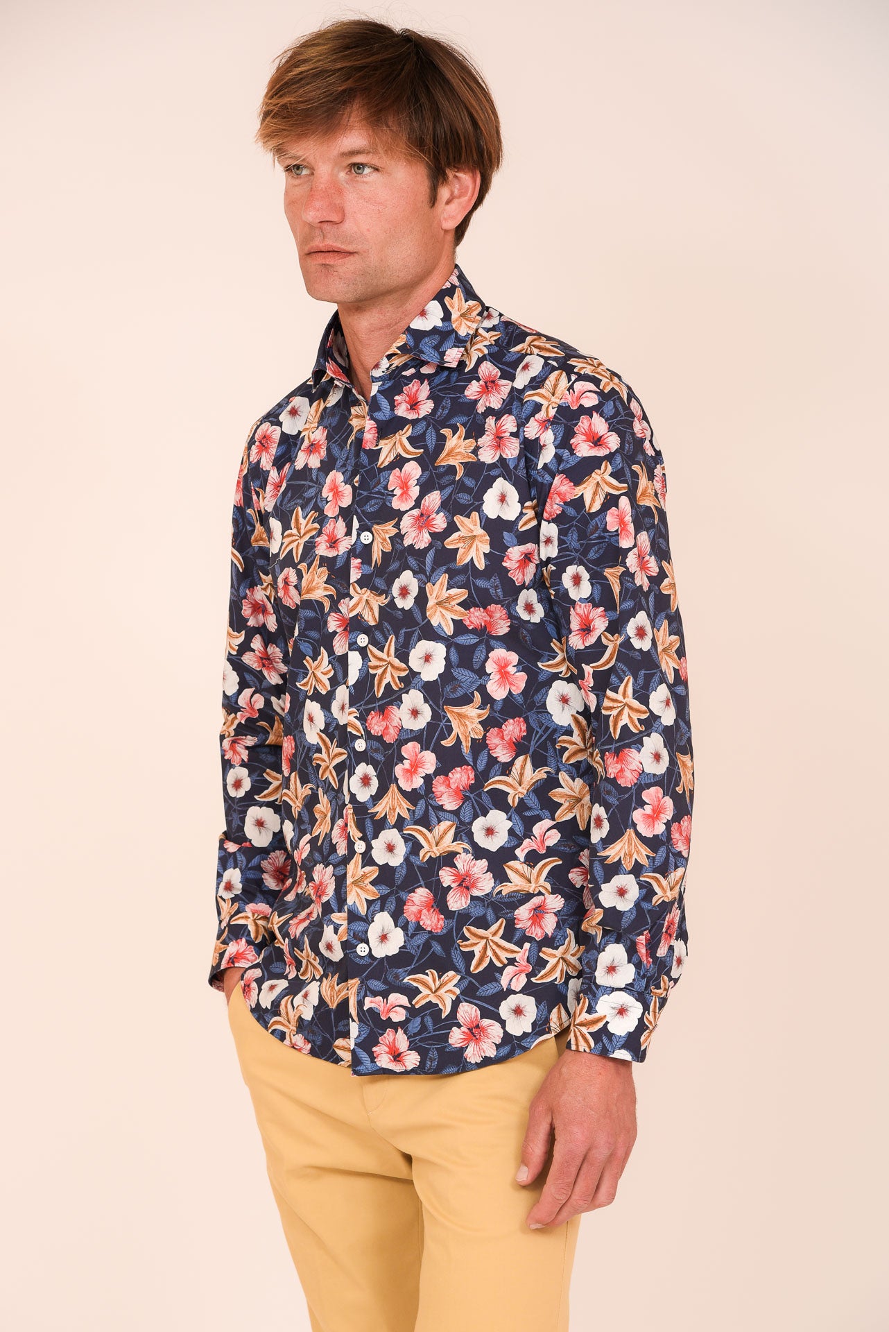 ΑΝΔΡΙΚΟ ΠΟΥΚΑΜΙΣΟ ΜΕ REX ΓΙΑΚΑ PORTOBELLO'S ΜΠΛΕ ΜΠΕΖ ΡΟΖ FLORAL SLIM FIT