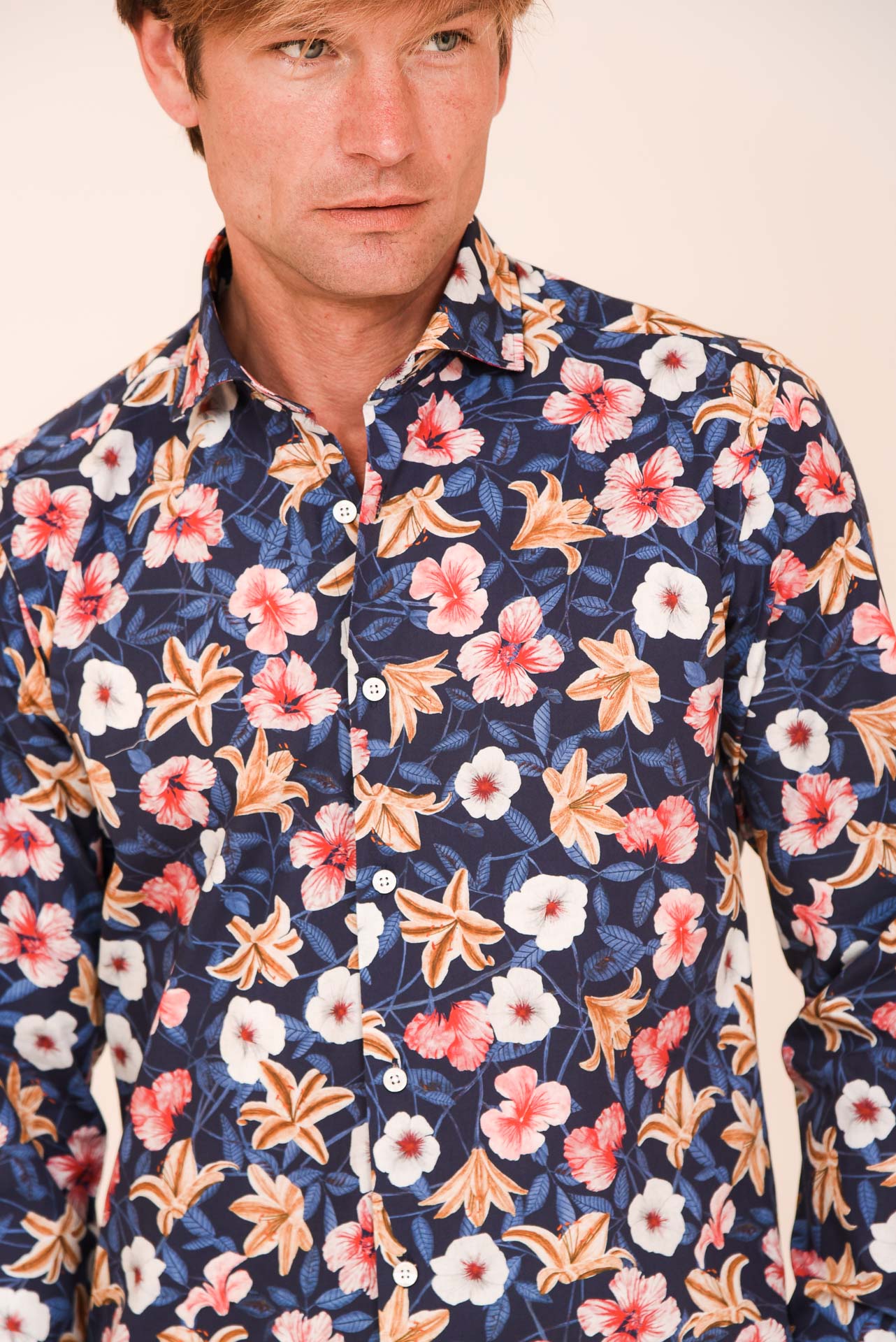 ΑΝΔΡΙΚΟ ΠΟΥΚΑΜΙΣΟ ΜΕ REX ΓΙΑΚΑ PORTOBELLO'S ΜΠΛΕ ΜΠΕΖ ΡΟΖ FLORAL SLIM FIT