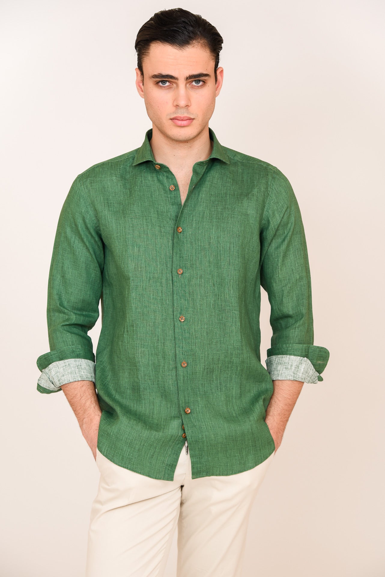 ΑΝΔΡΙΚΟ ΠΟΥΚΑΜΙΣΟ ΜΕ REX ΓΙΑΚΑ PORTOBELLO'S ΠΡΑΣΙΝΟ ΛΙΝΟ ΜΕ ΜΠΕΖ ΚΟΥΜΠΙΑ